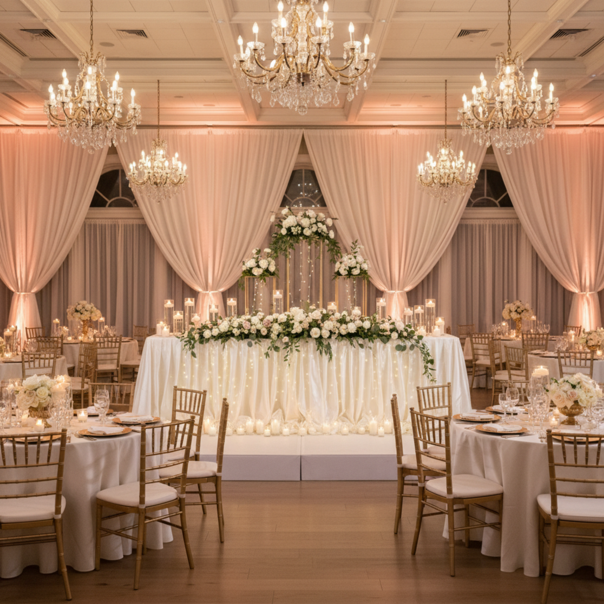 Indoor Wedding Reception – Gold Metal Frame Centerpieces