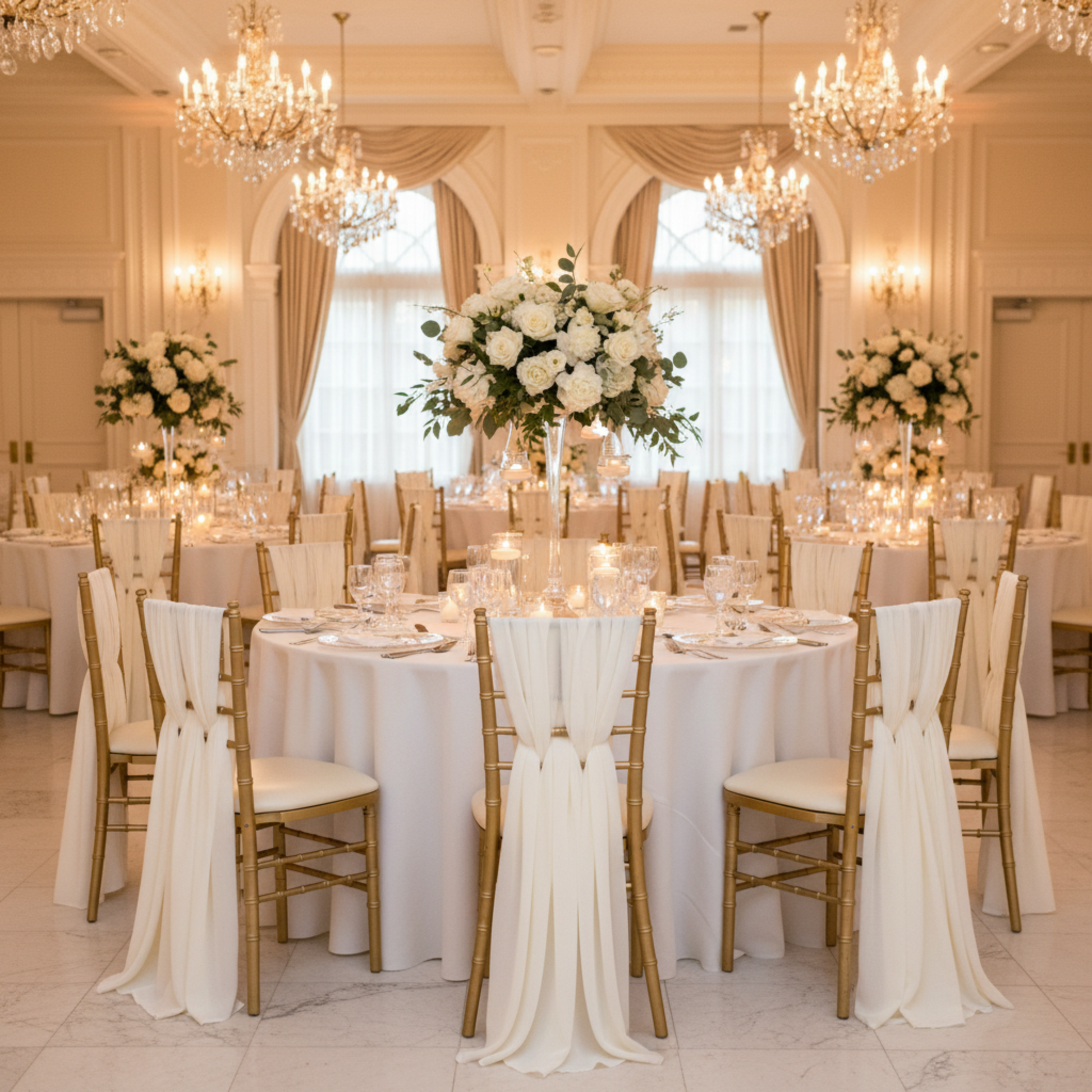 Indoor Wedding Reception with Ivory Chiffon Chair Sashes 