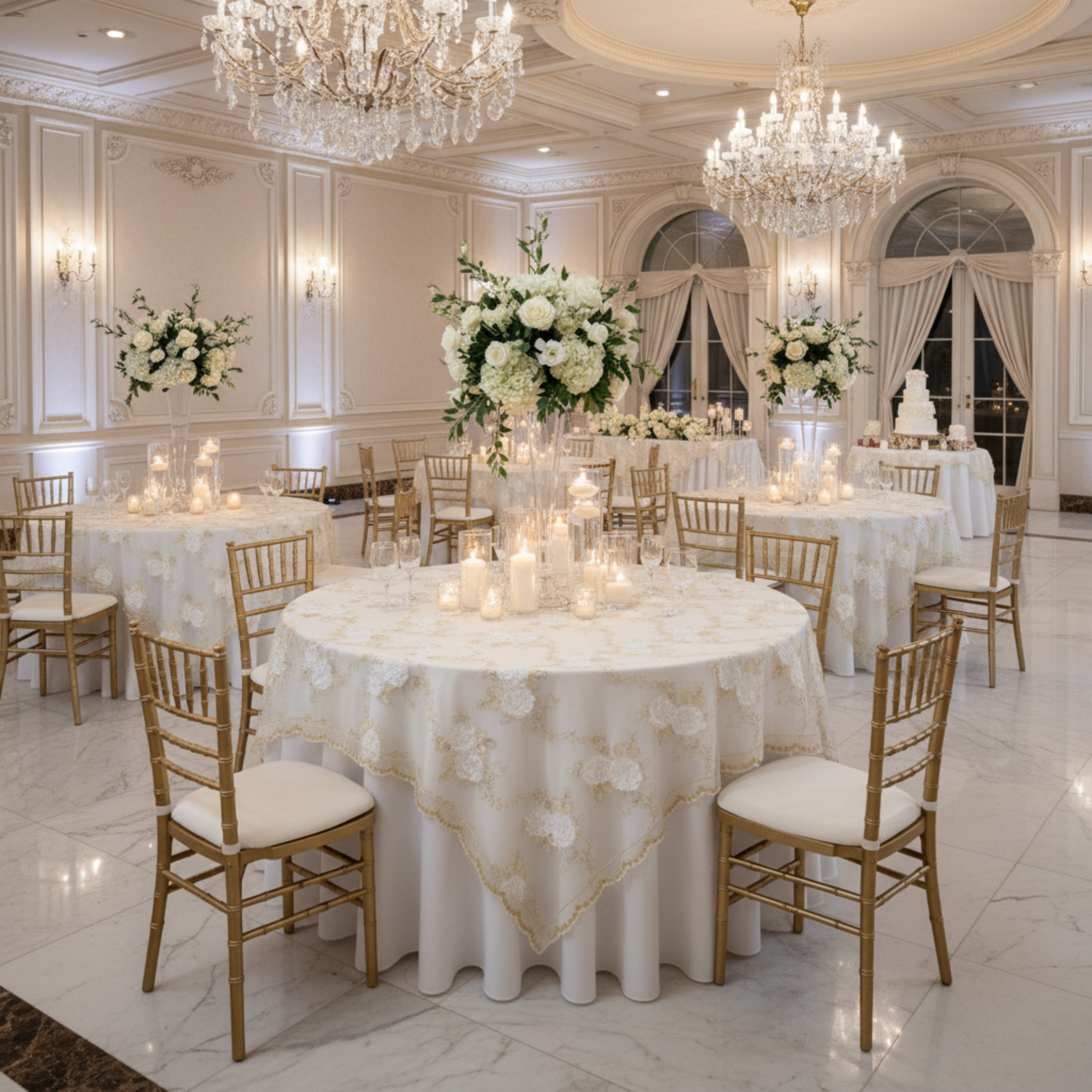 Indoor Wedding Reception with Ivory 90x90 Vintage Veil Embroidery Square Table Overlay Topper 