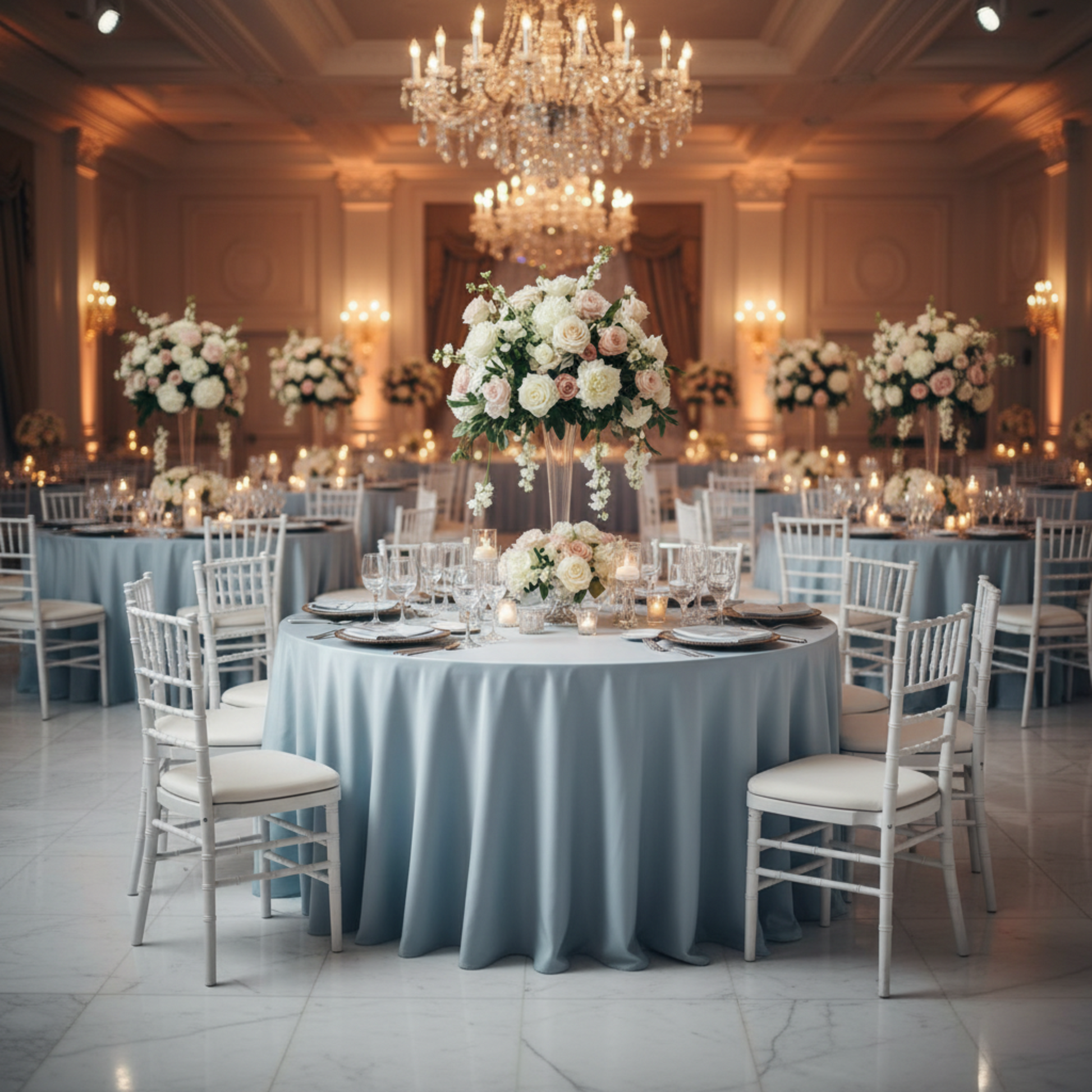 Indoor Wedding Reception Dusty Blue Lamour Satin Round Tablecloth 