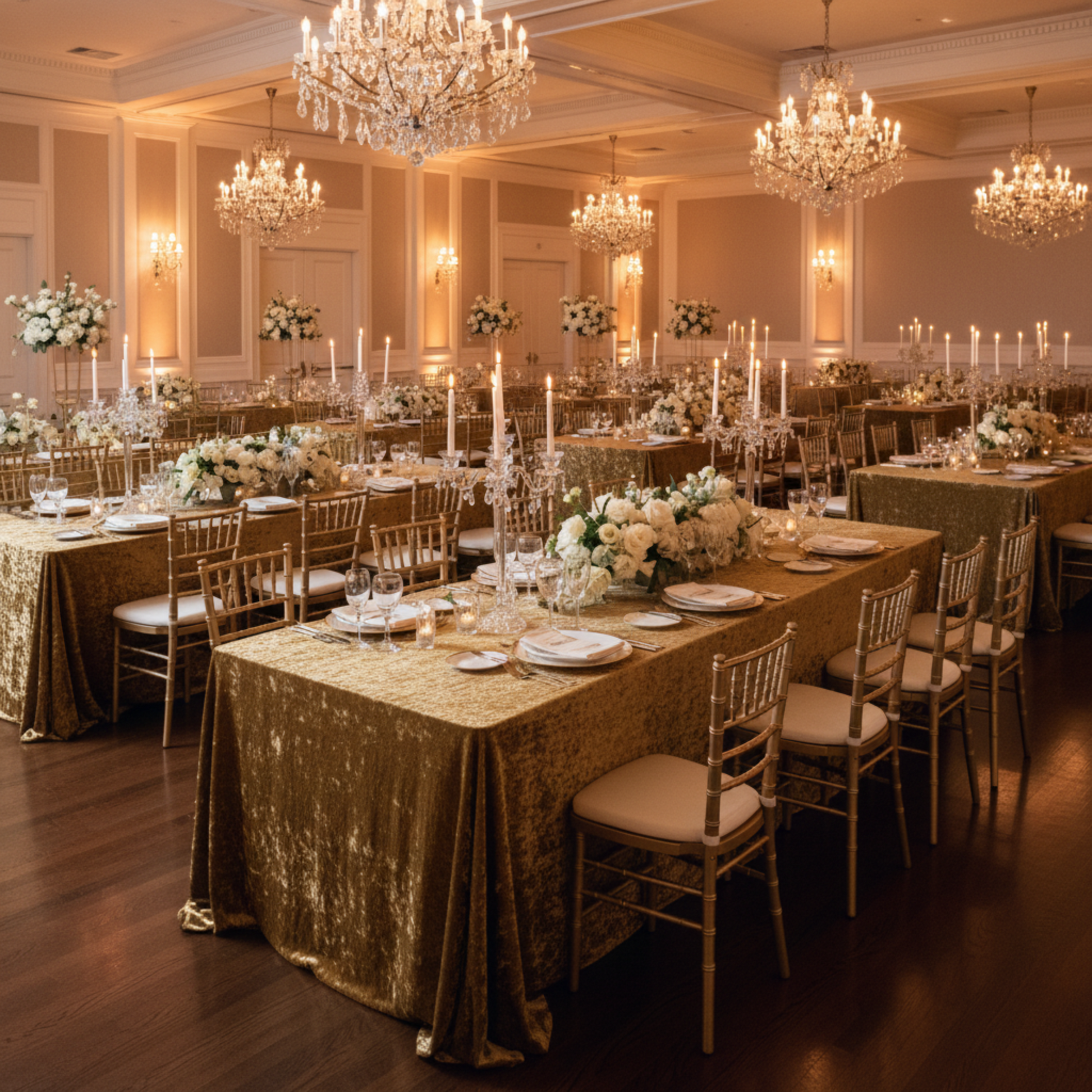 Indoor Wedding Reception – Mustard Gold Velvet Tablecloth