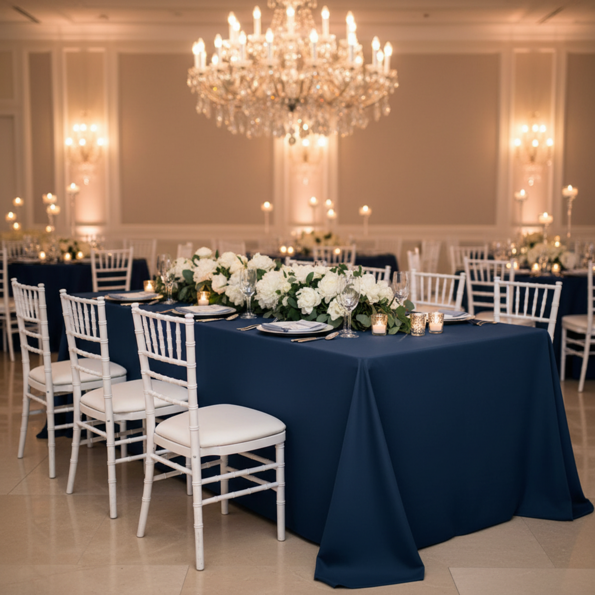 Indoor Wedding Reception – Navy Blue 90x132 Premium Polyester Rectangular Tablecloth