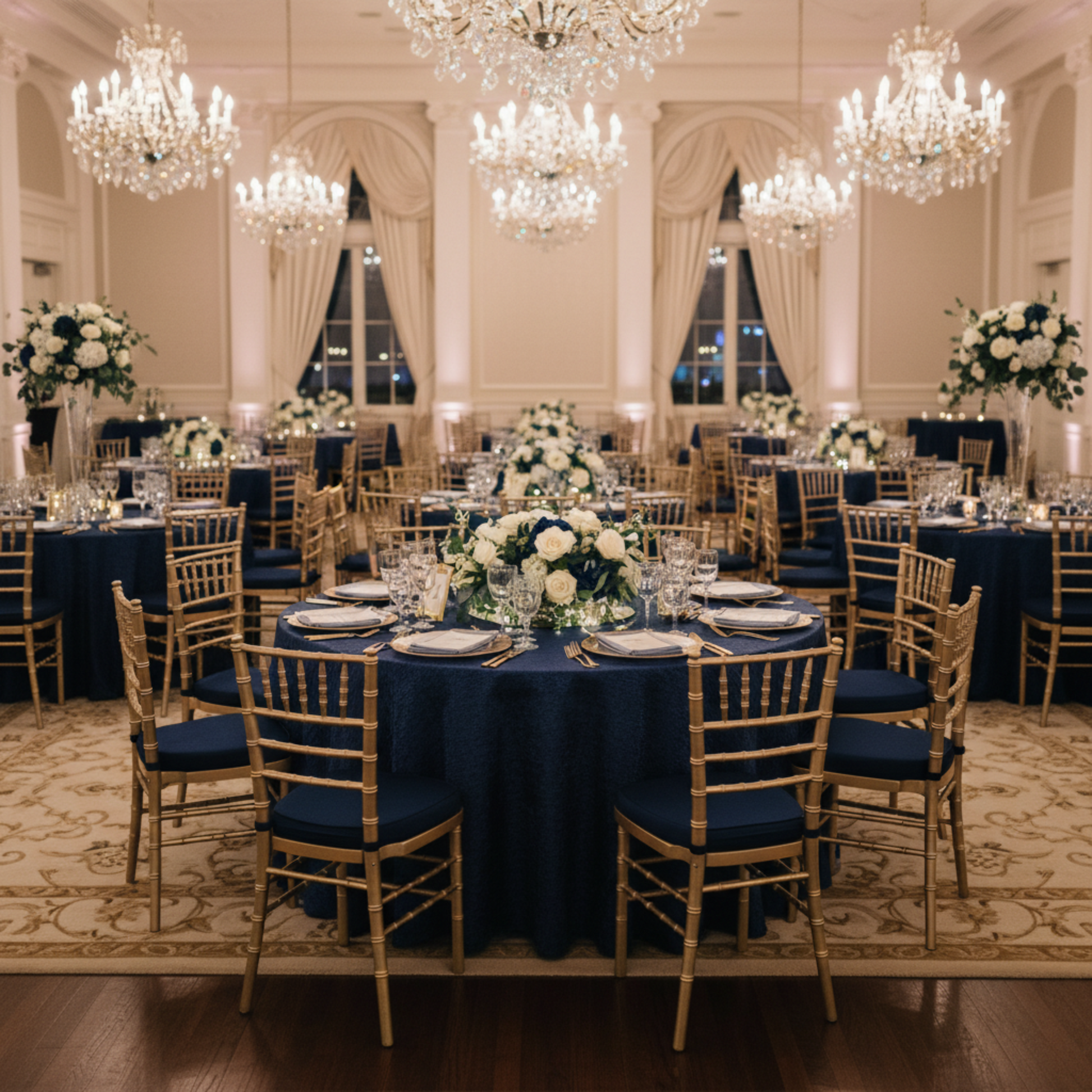 Indoor Wedding Reception – Navy Blue Crinkle Shimmer Tablecloth