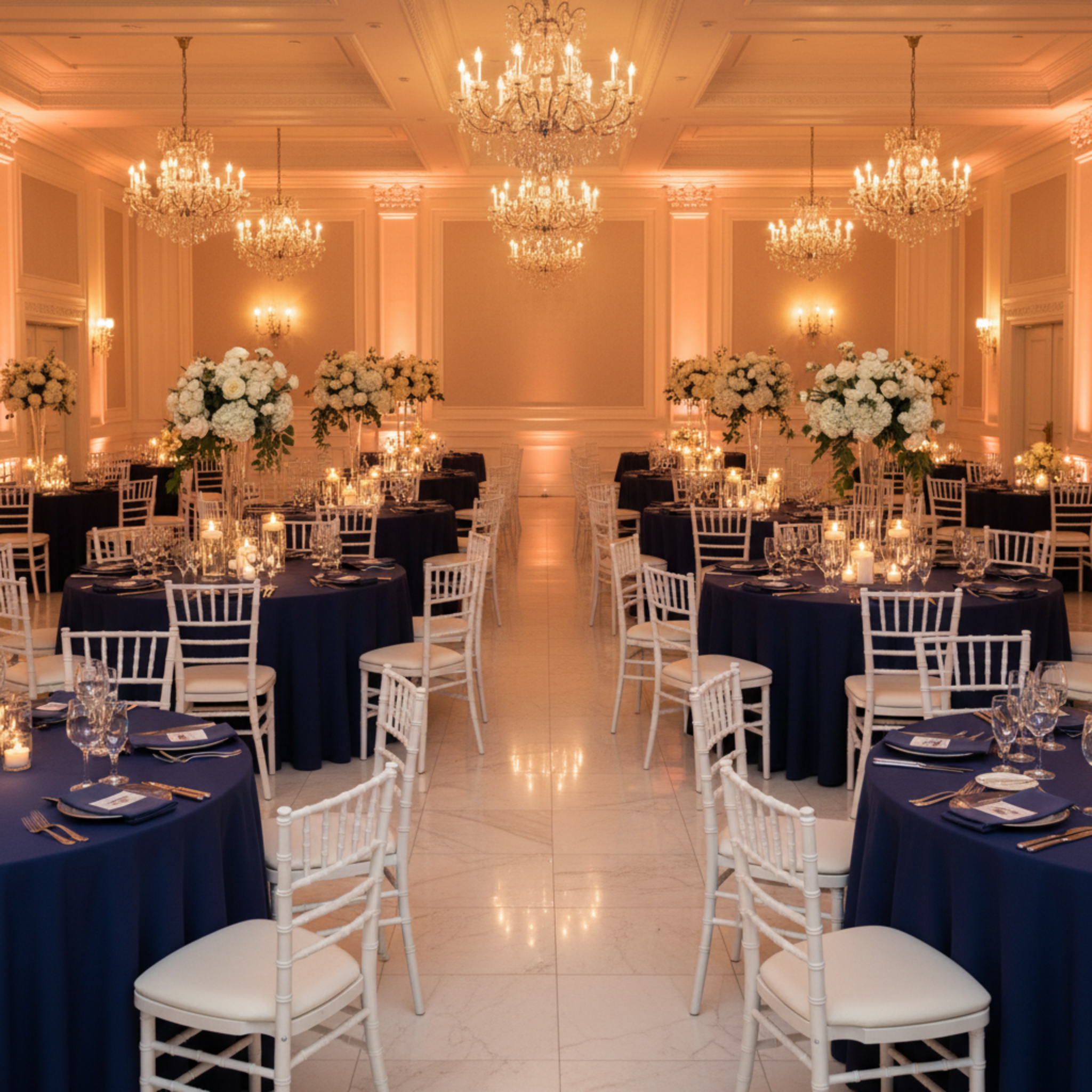 Indoor Wedding Reception – Navy Blue 120 Round Scuba Tablecloth