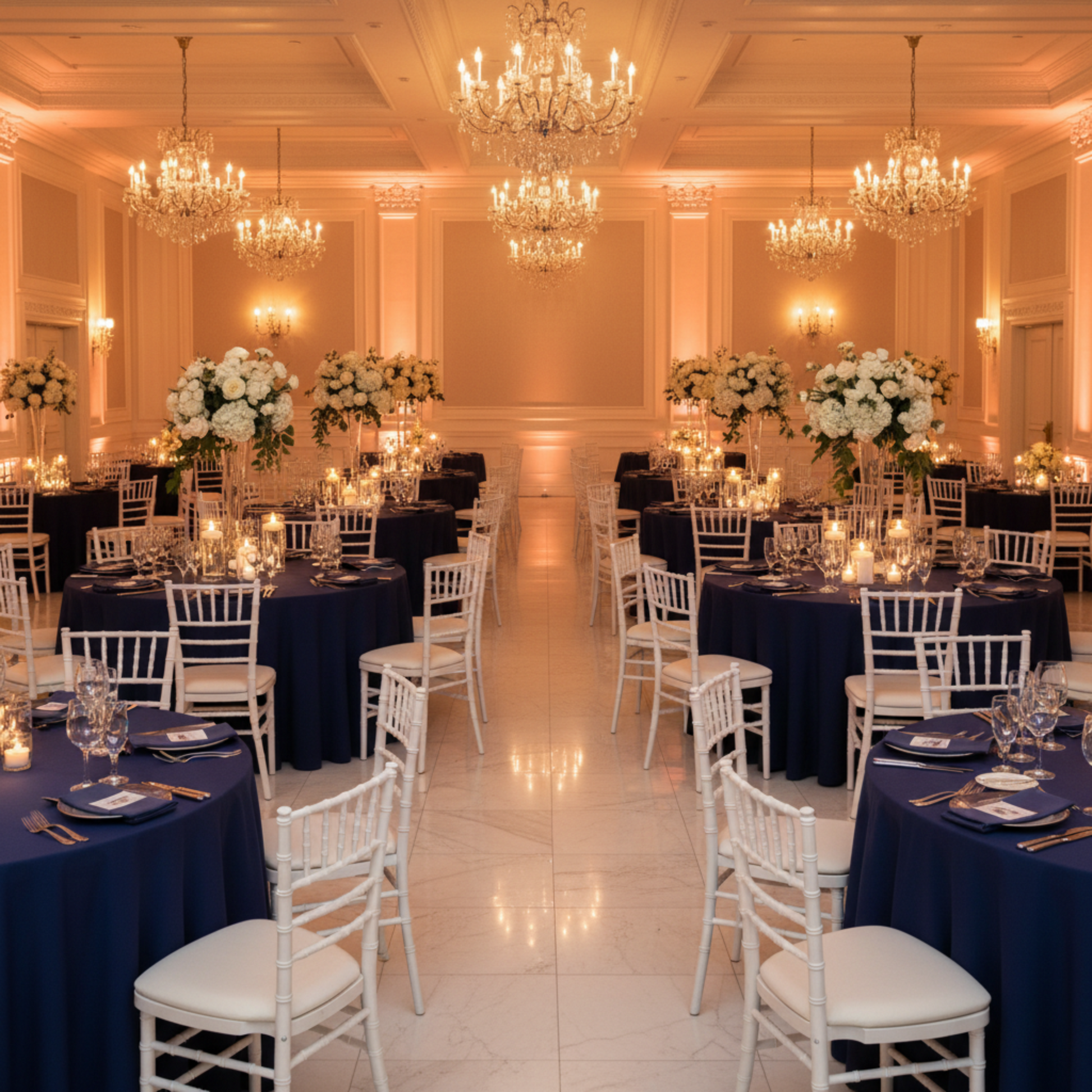 Indoor Wedding Reception – Navy Blue 120 Round Scuba Tablecloth