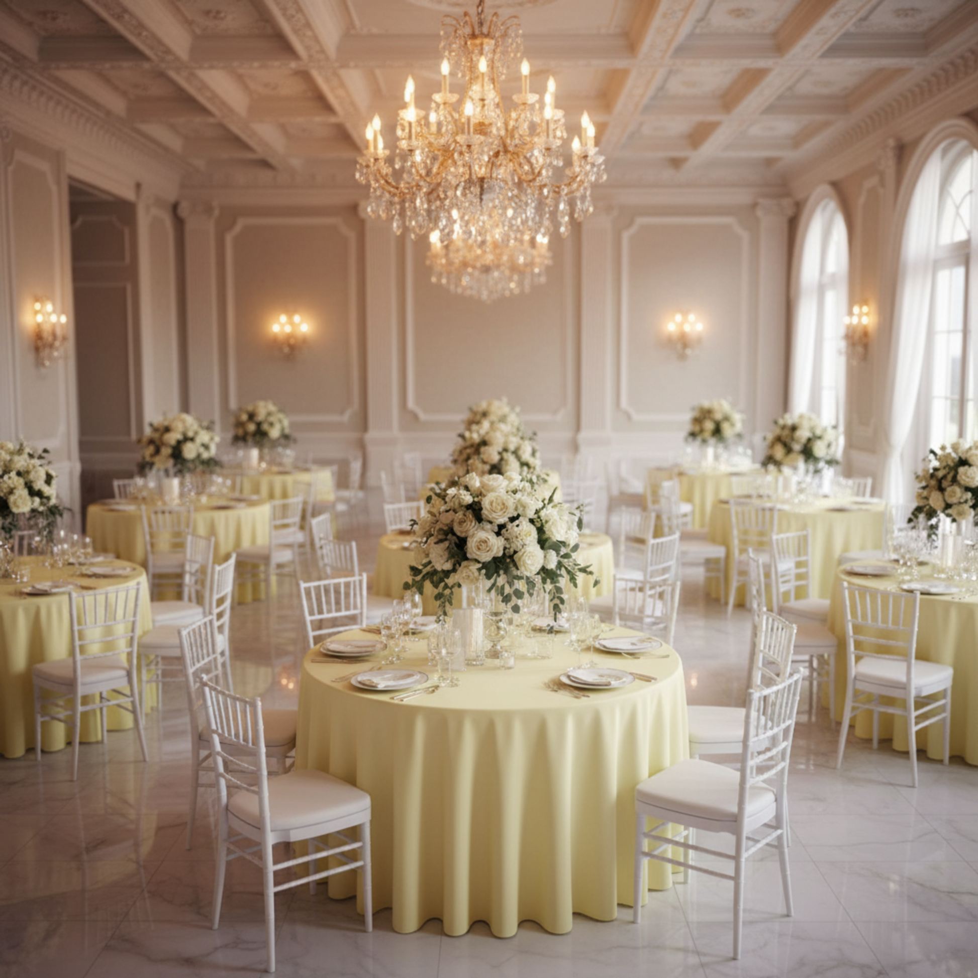 Indoor Wedding Reception Pastel Yellow Premium Polyester 120 Round Tablecloths