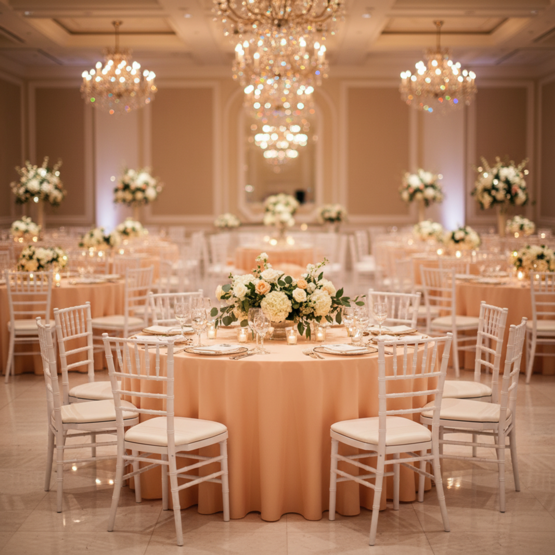 Indoor Wedding Reception Peach 120 Round Premium Polyester Tablecloth