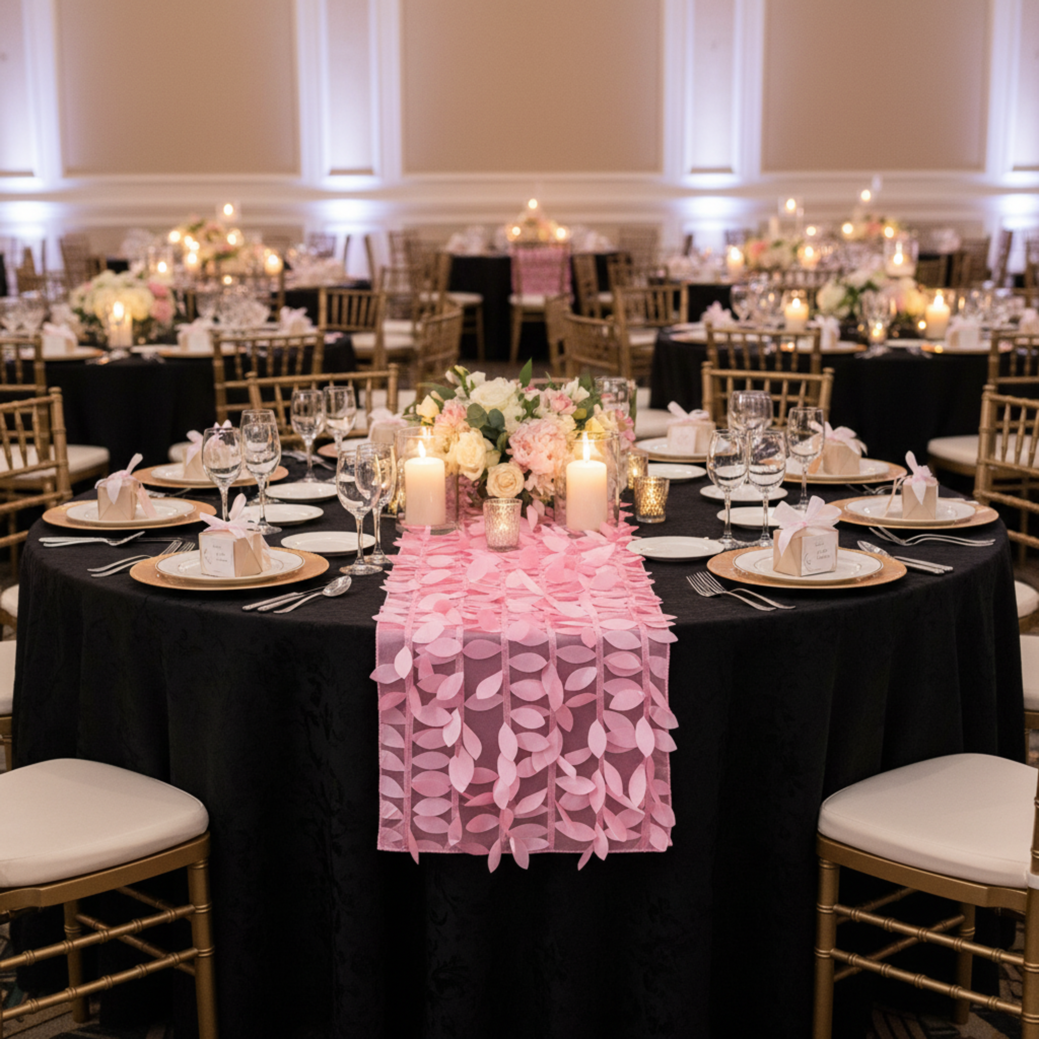 Indoor wedding reception with black tablecloth