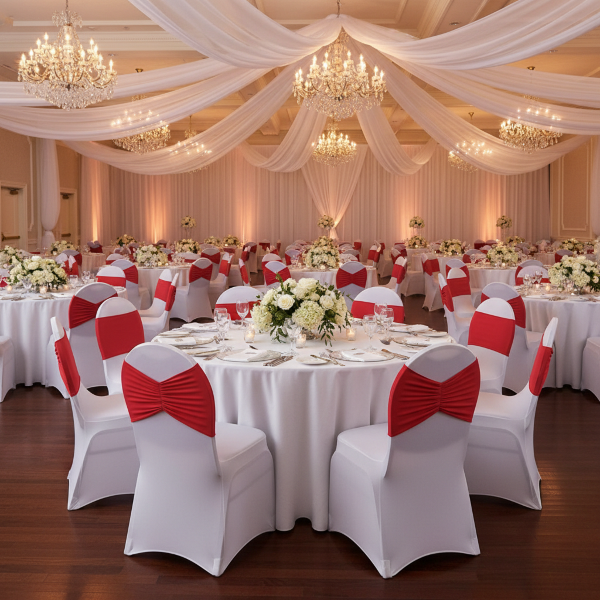 Indoor Wedding Reception with Red Ruffled Spandex Chair Band