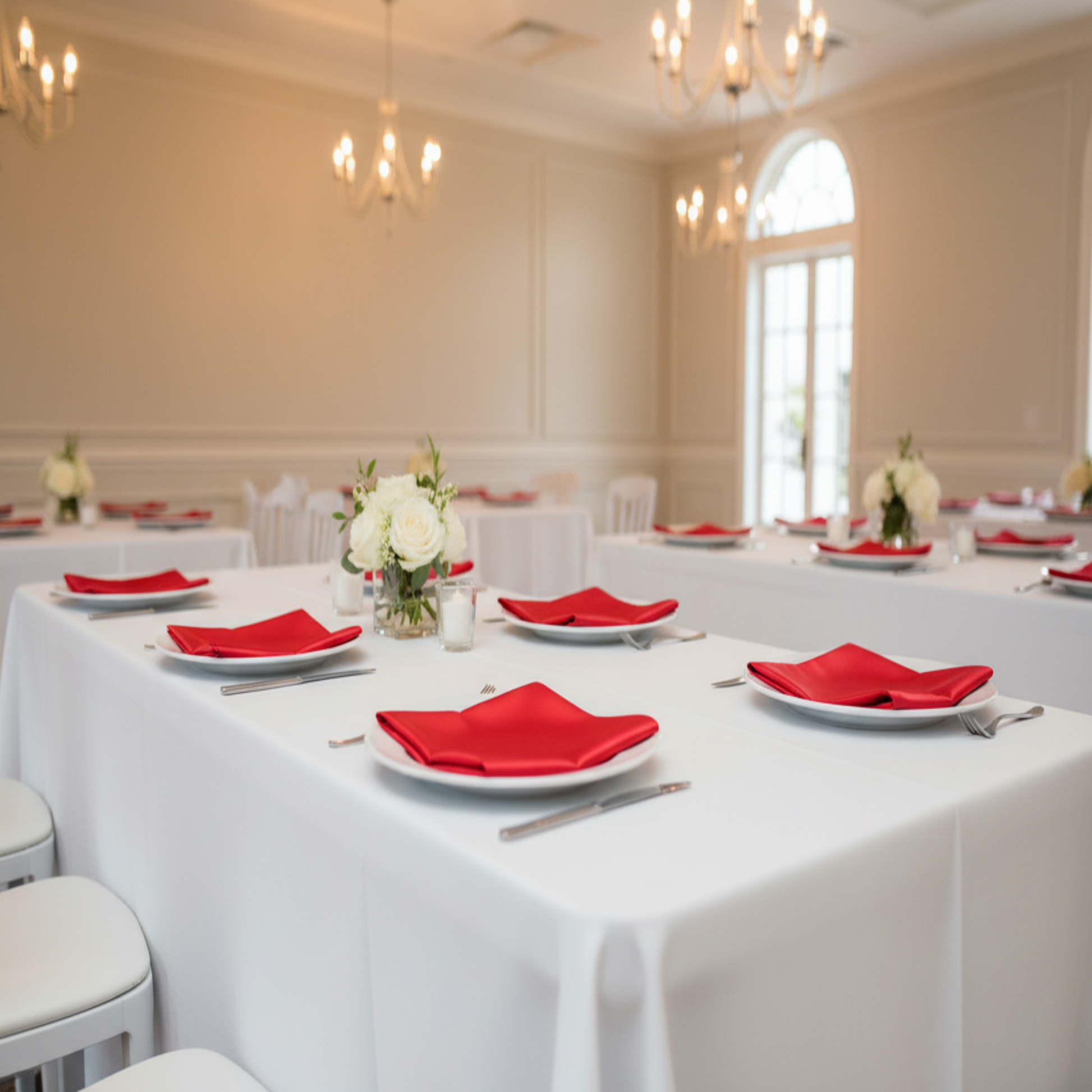 Indoor Wedding Reception with Red Satin Napkins 