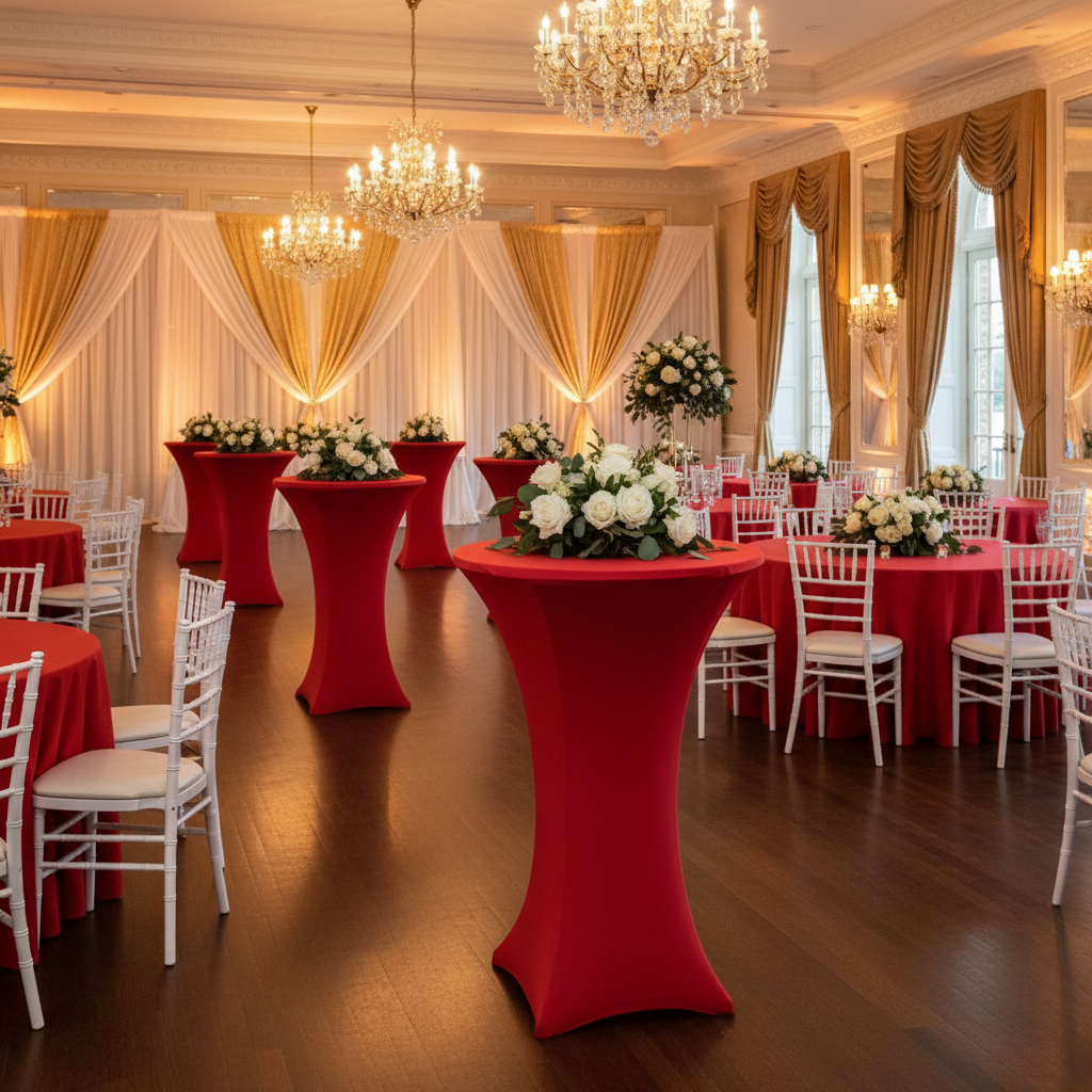 Indoor Wedding Reception – Red Spandex Cocktail Table Cover