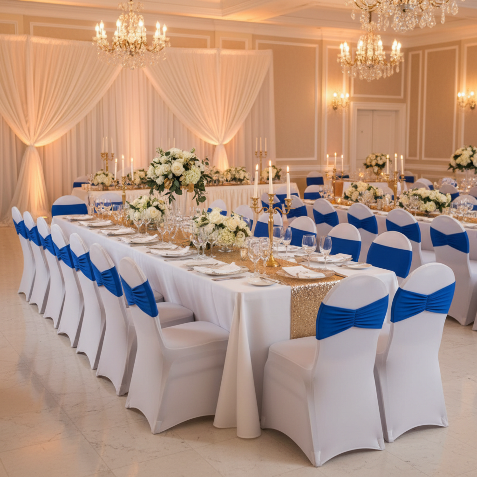 Indoor Wedding Reception with Royal Blue Ruffled Spandex Chair Band