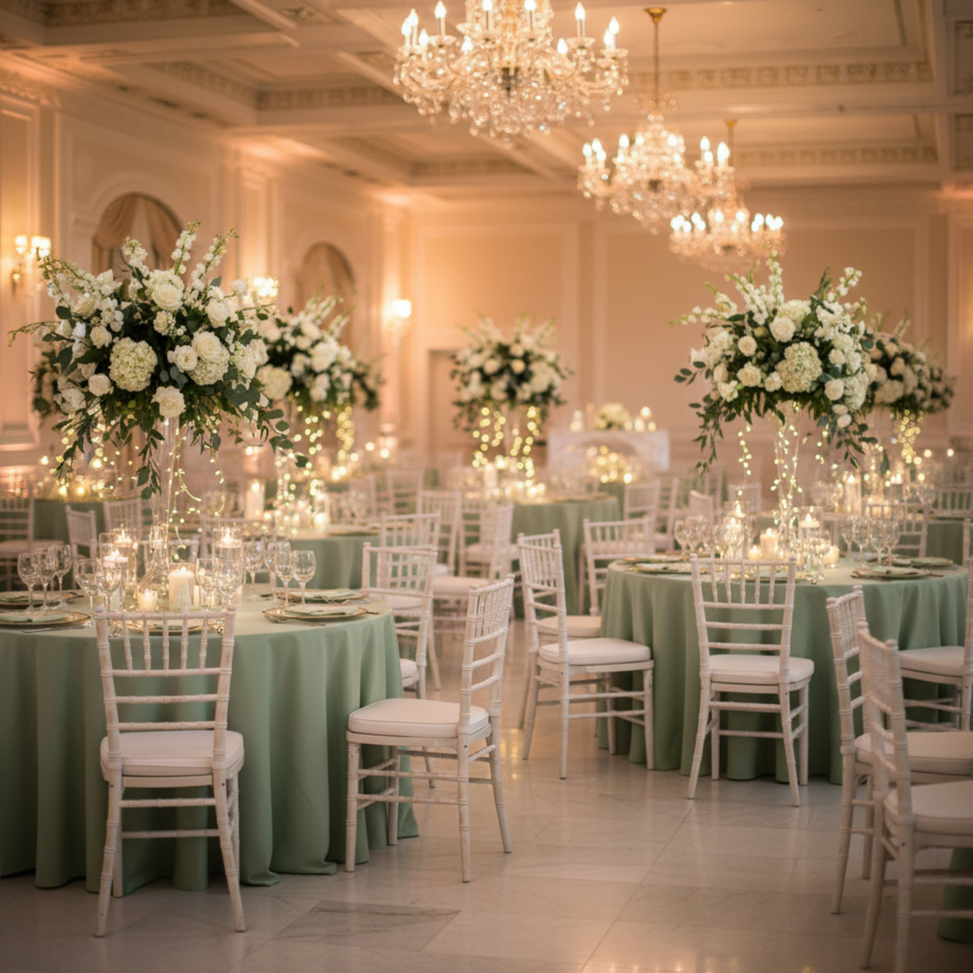 Indoor Wedding Reception – Sage Green 132 Round Premium Polyester Tablecloth