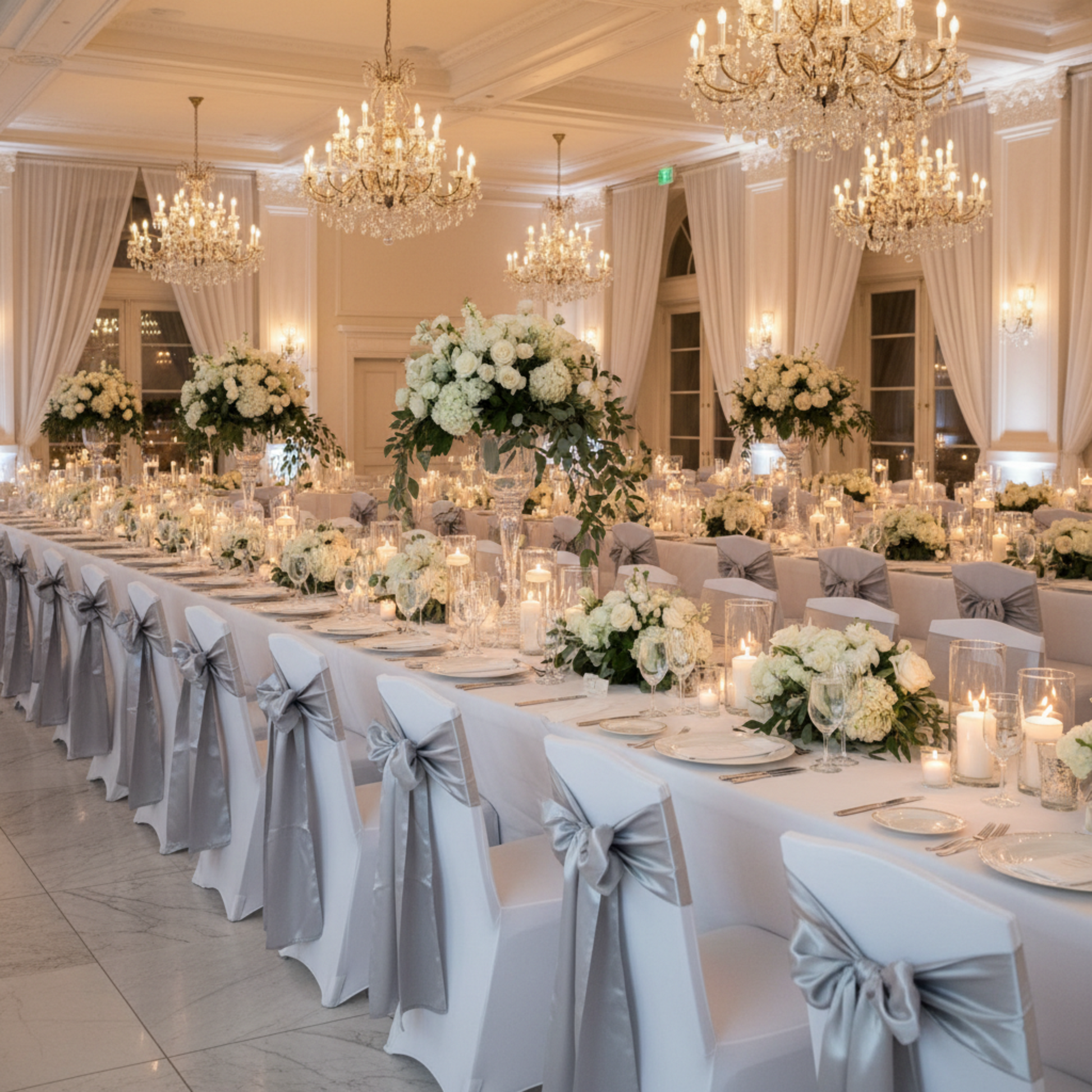 Indoor Wedding Reception Silver Standard Satin Chair Sash