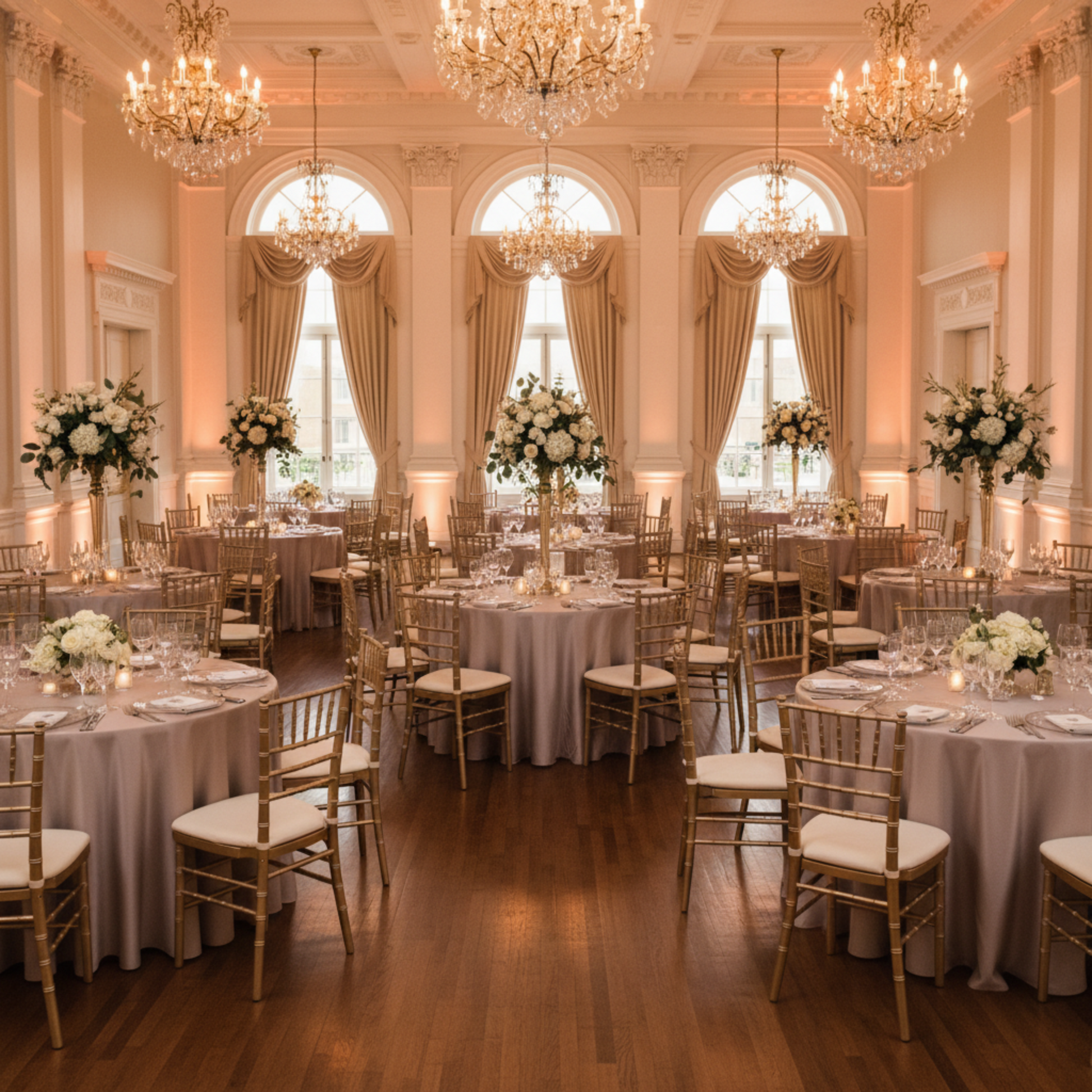 Indoor Wedding Reception Taupe Lamour Satin 120 Round Tablecloth
