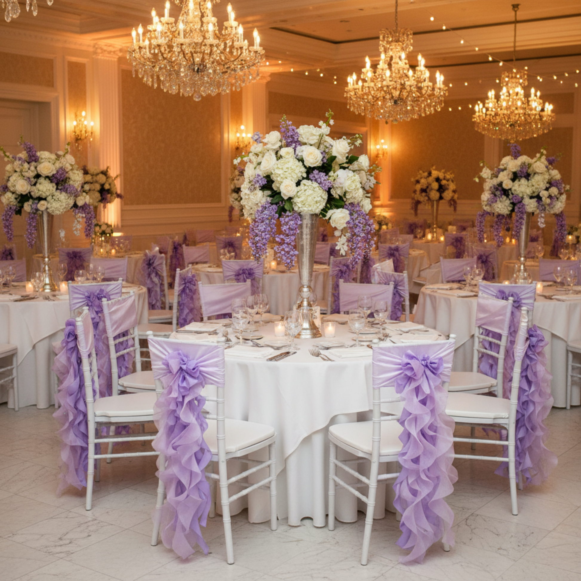 Indoor Wedding Reception with Victorian Lilac Wisteria Curly Willow Chair Sash