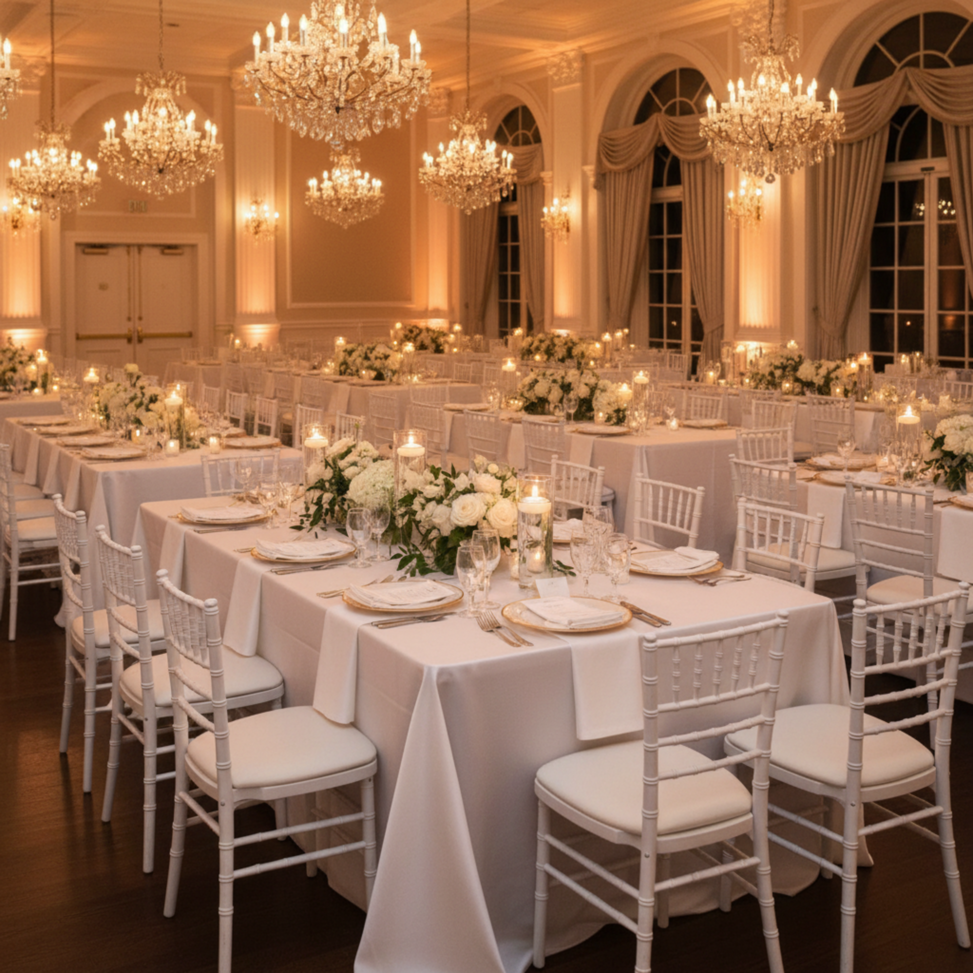 Indoor Wedding Reception - 90x132 Rectangular Lamour Satin Tablecloth White