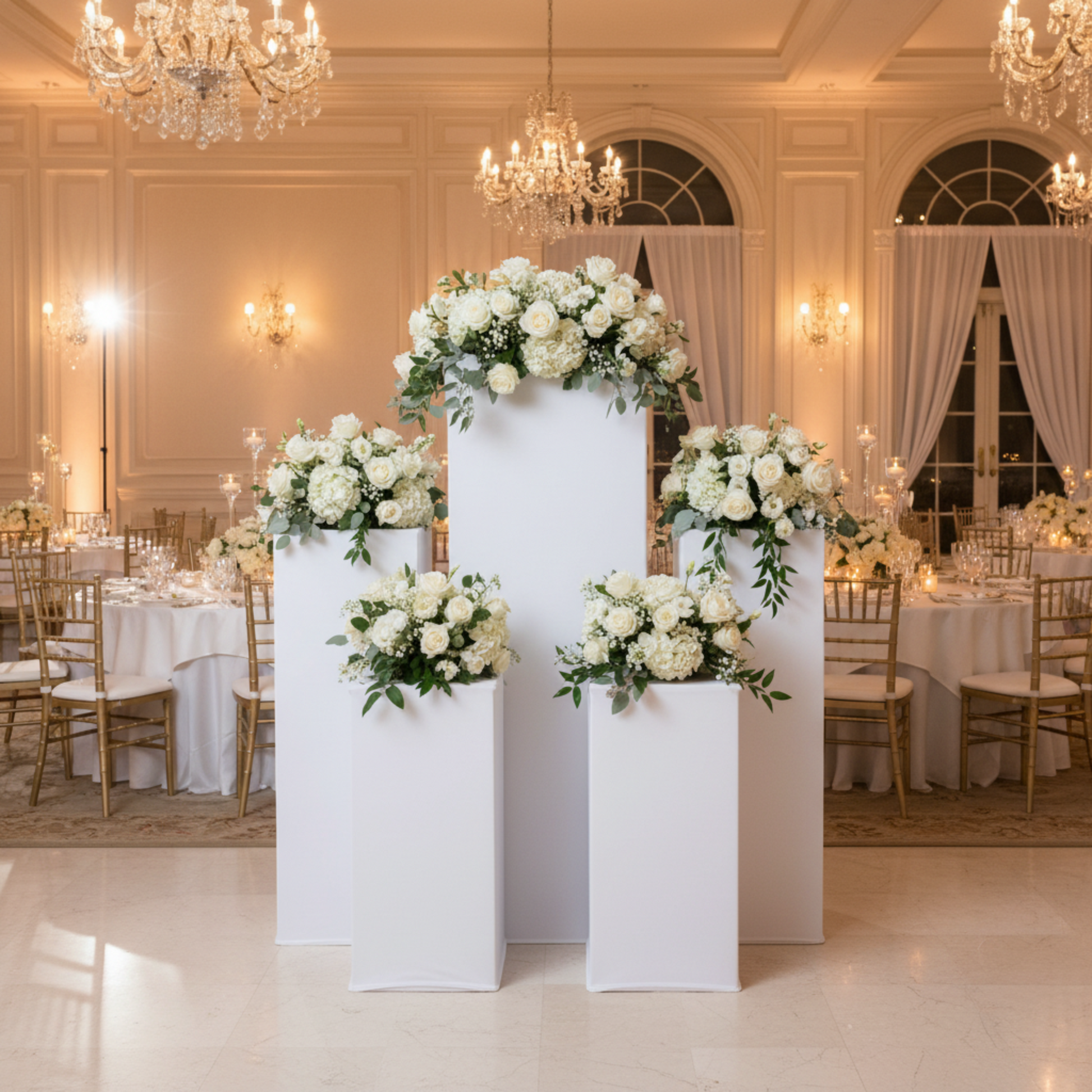 Indoor wedding reception with white spandex pedestal stand covers