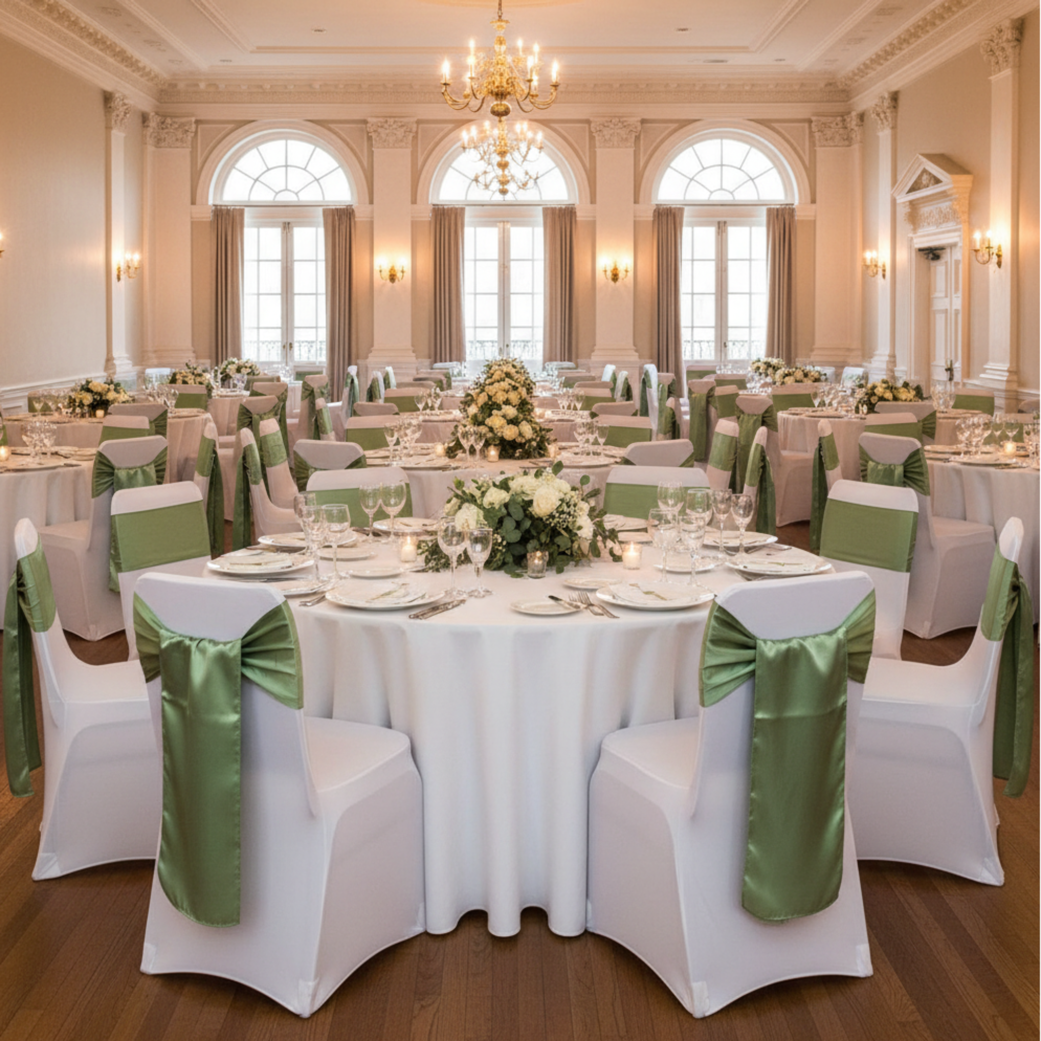 Indoor wedding reception with willow green satin chair sashes