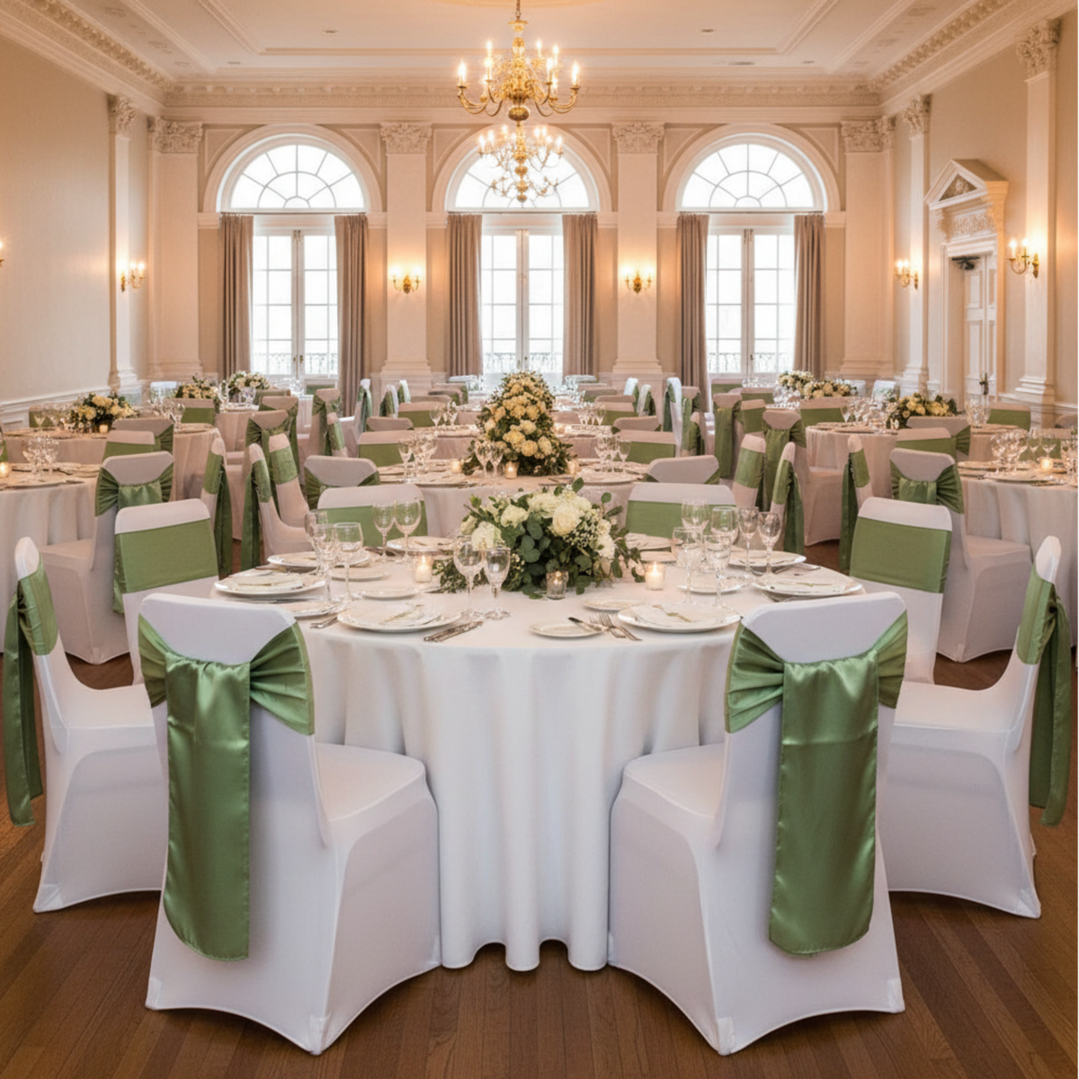 Indoor wedding reception with willow green satin chair sashes