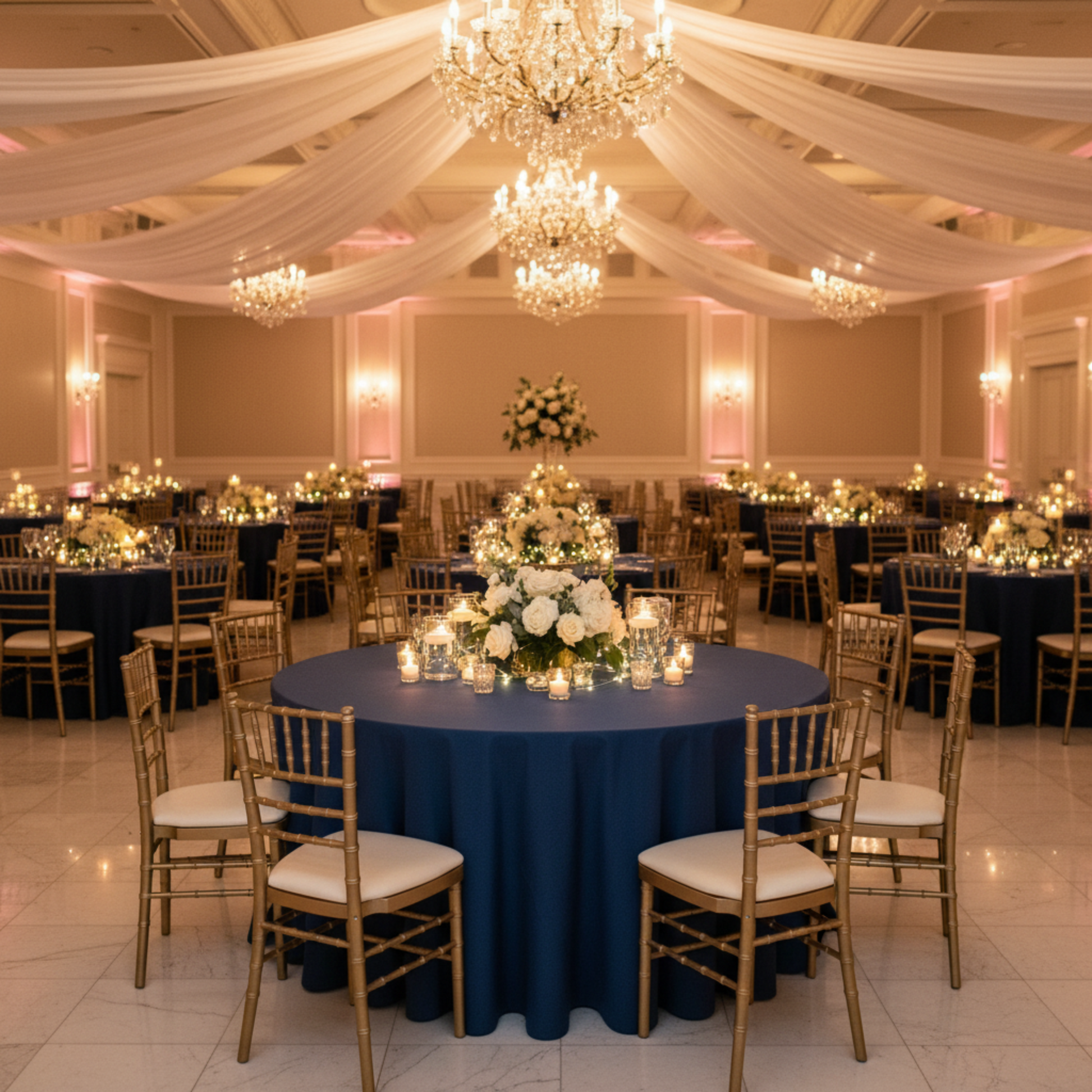 Indoor Wedding Reception with 132 Round Navy Blue Tablecloth