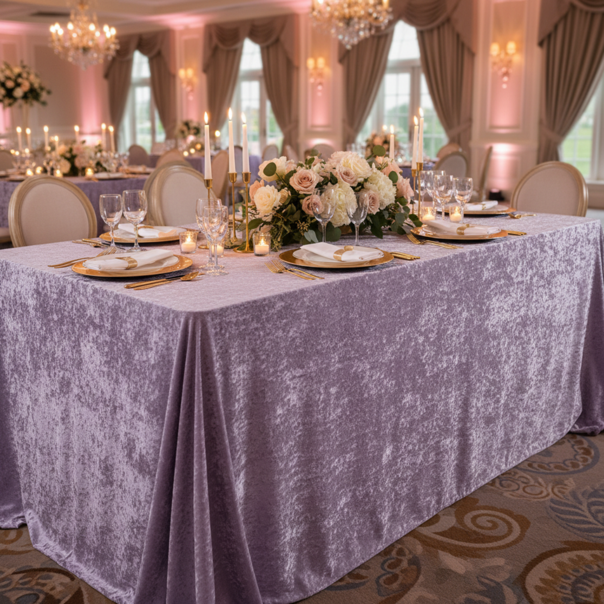 Indoor Wedding Reception with 90x156 Victorian Lilac/Wisteria Velvet Tablecloth