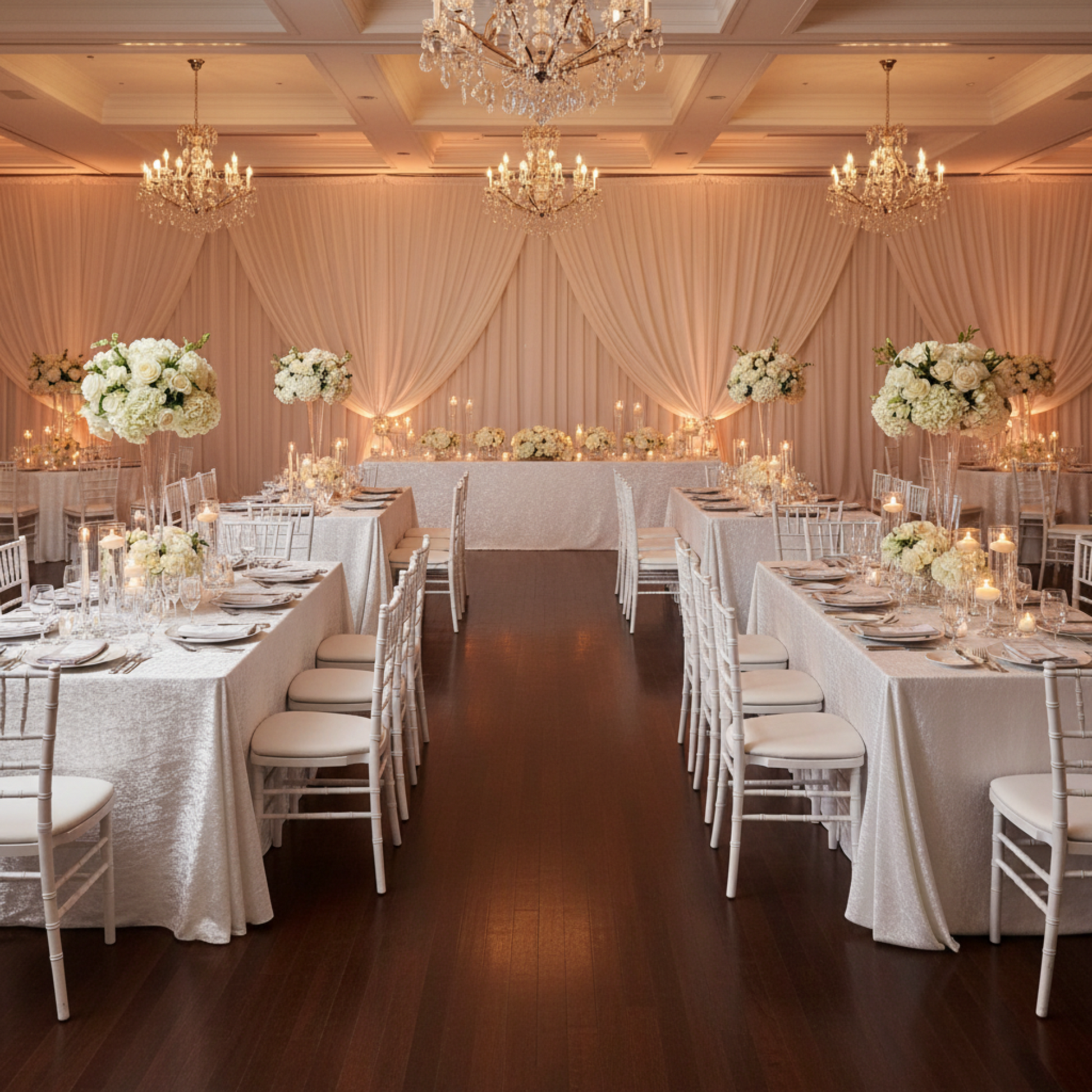 Indoor Wedding Reception – White Crinkle Shimmer Tablecloth