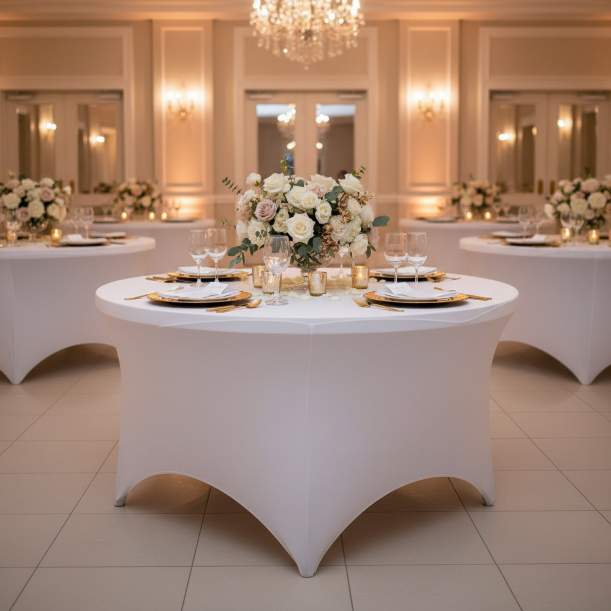 Indoor Wedding Reception with 5FT White Spandex Table Covers
