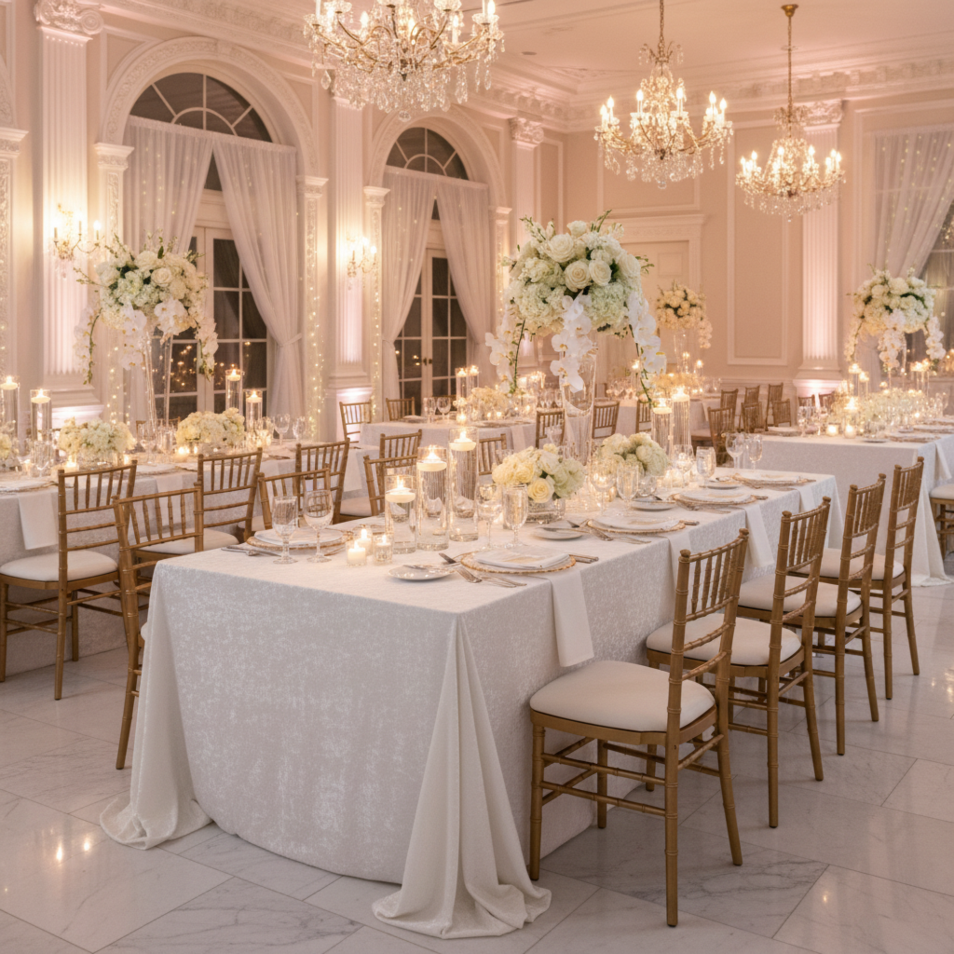 Indoor Wedding Reception – White Crinkle Shimmer 90x156 Tablecloth