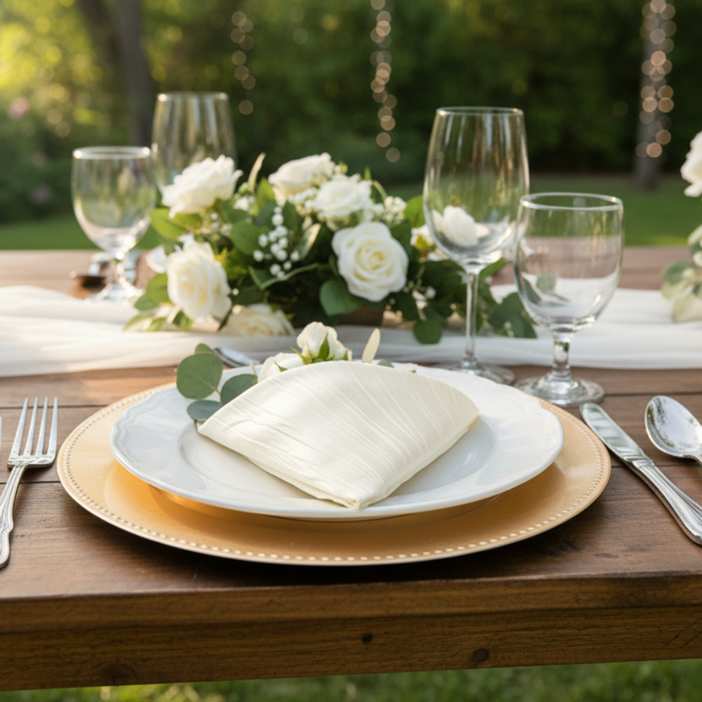 Accordion Crinkle Taffeta Napkin 20"x20" - Ivory in Outoor Reception.