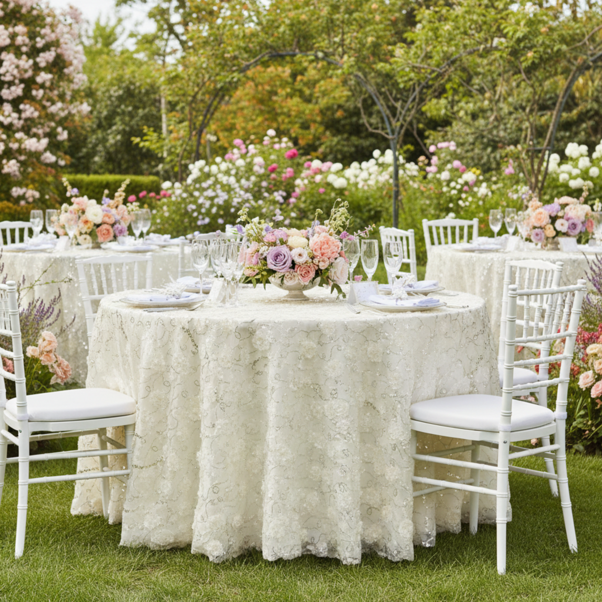 Ivory Flower Sequin Tablecloth – Outdoor Bridal Shower