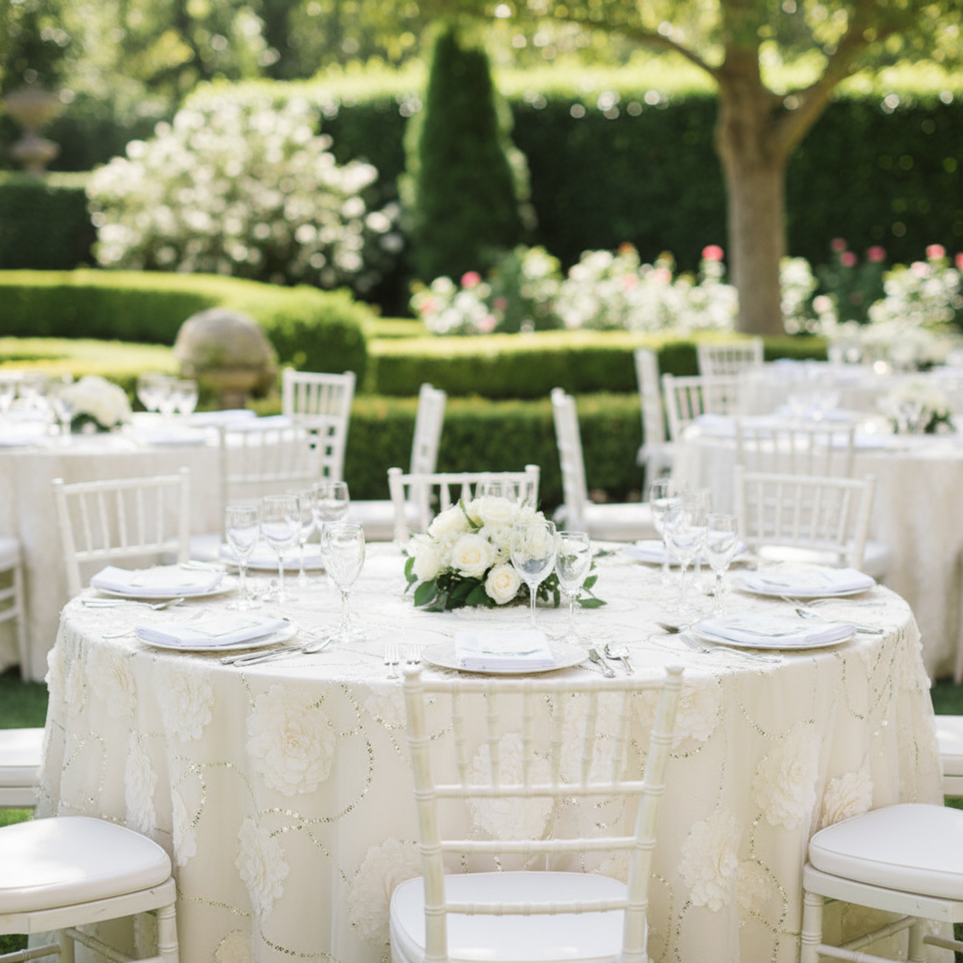 Ivory Flower Sequin Tablecloth – Outdoor Garden