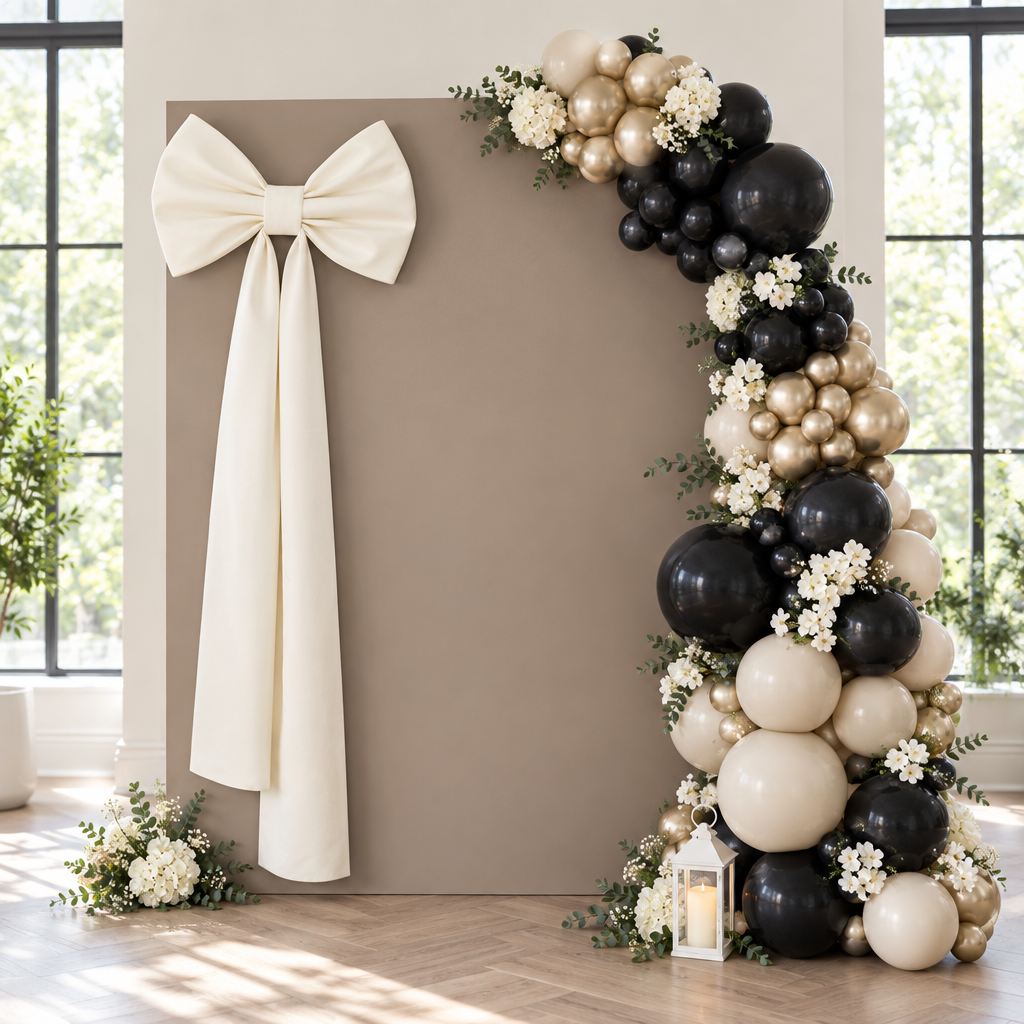 Ivory giant fabric bow positioned off center on an asymmetrical balloon backdrop