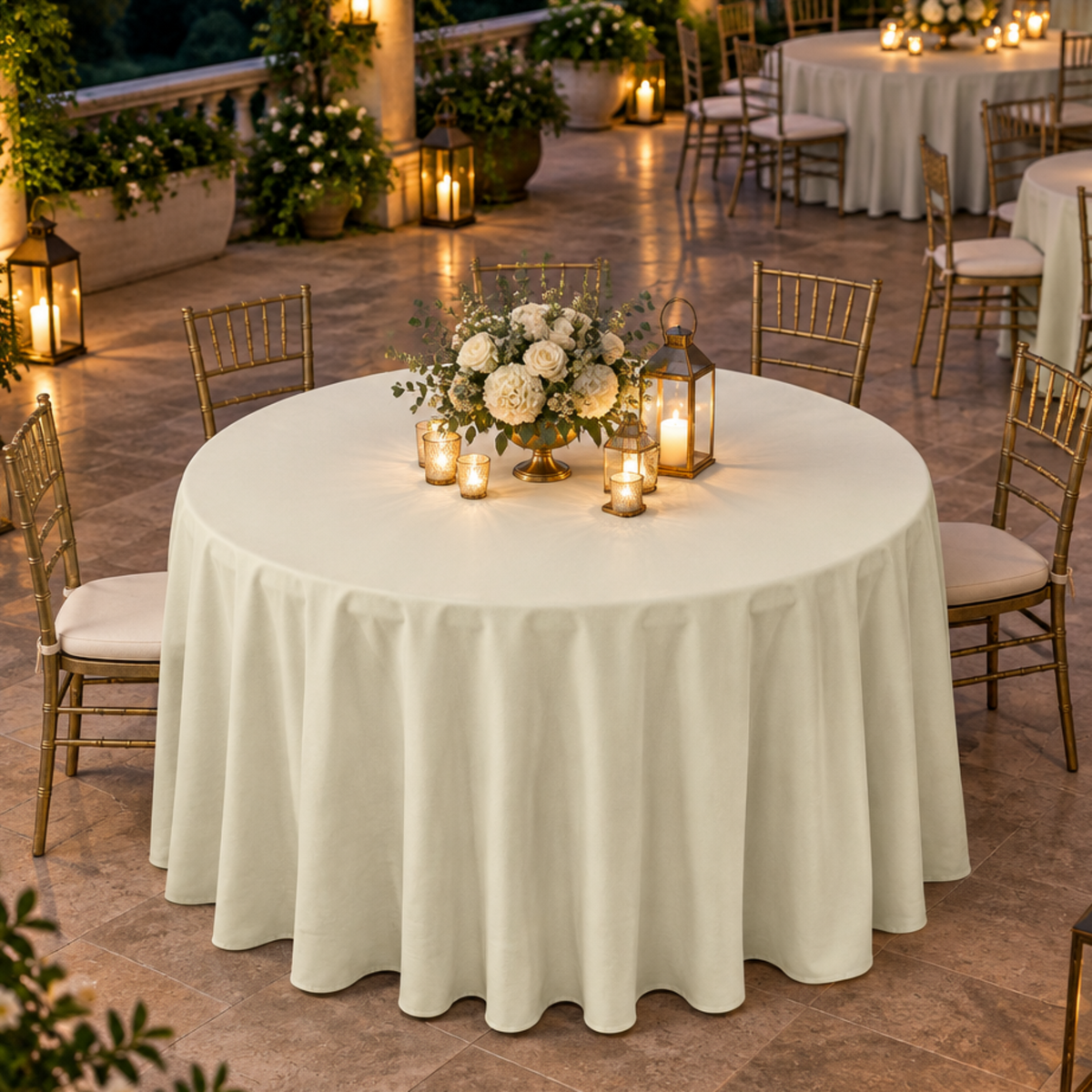 Ivory tablecloth at an evening terrace reception