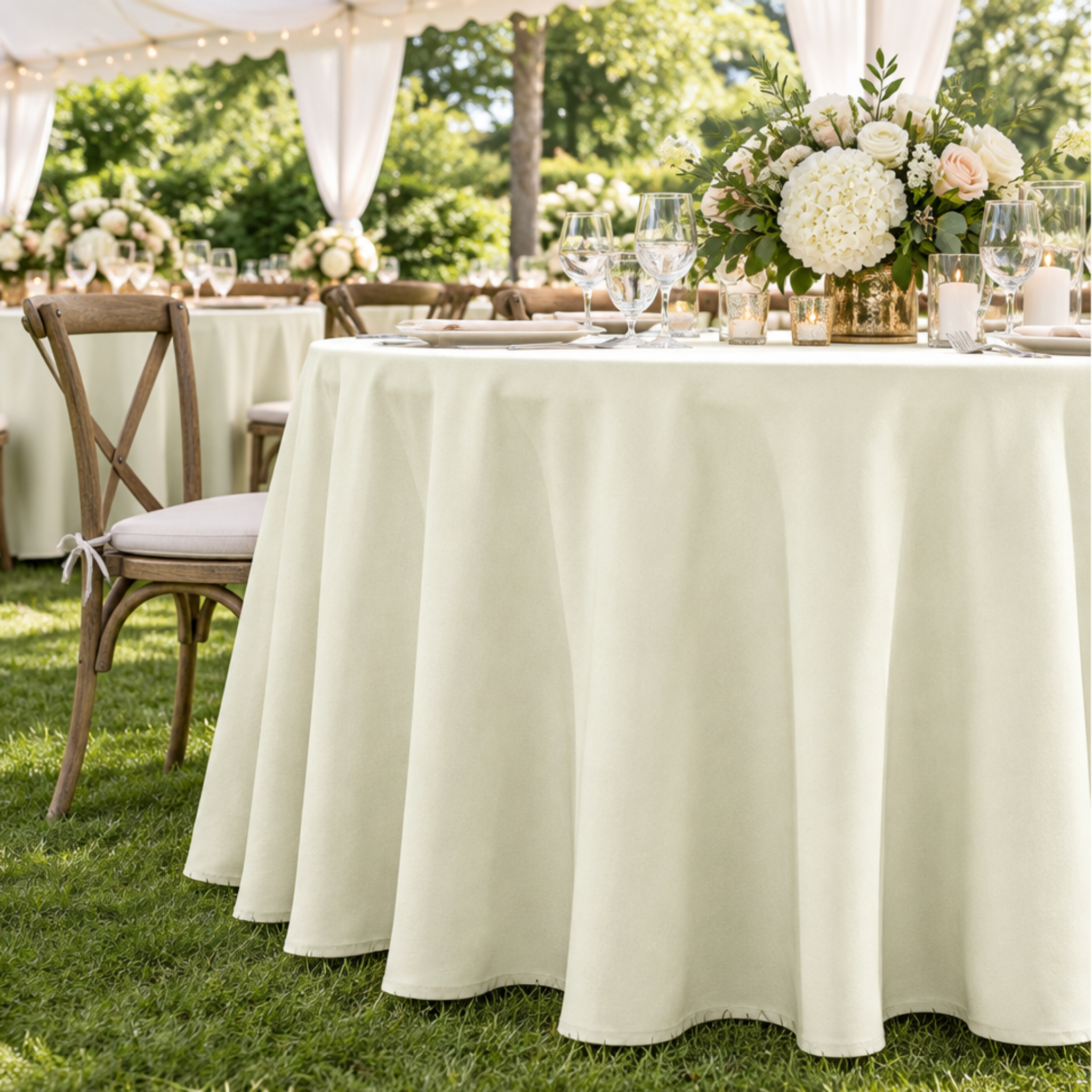Ivory tablecloth at a garden reception
