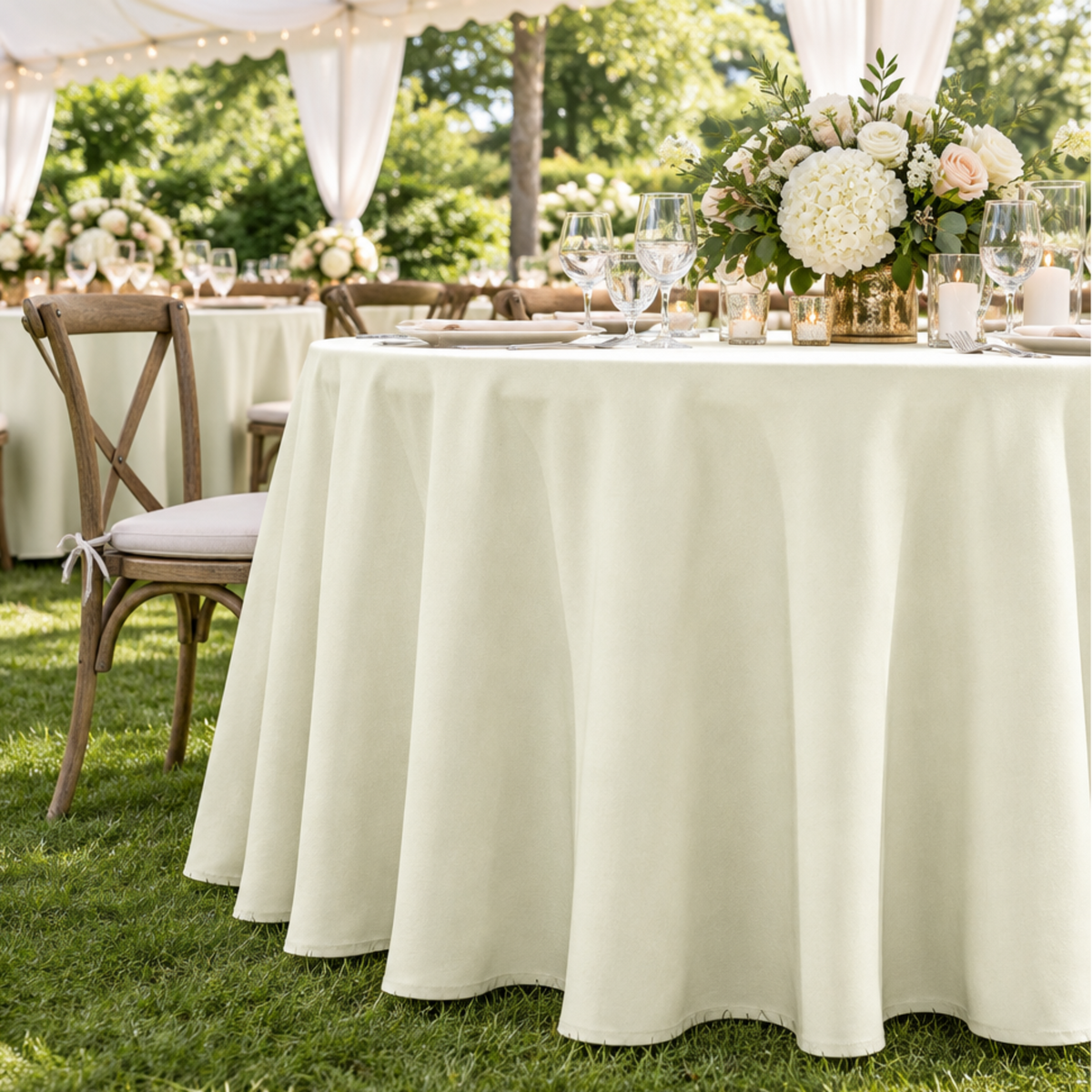 Ivory tablecloth at a garden reception