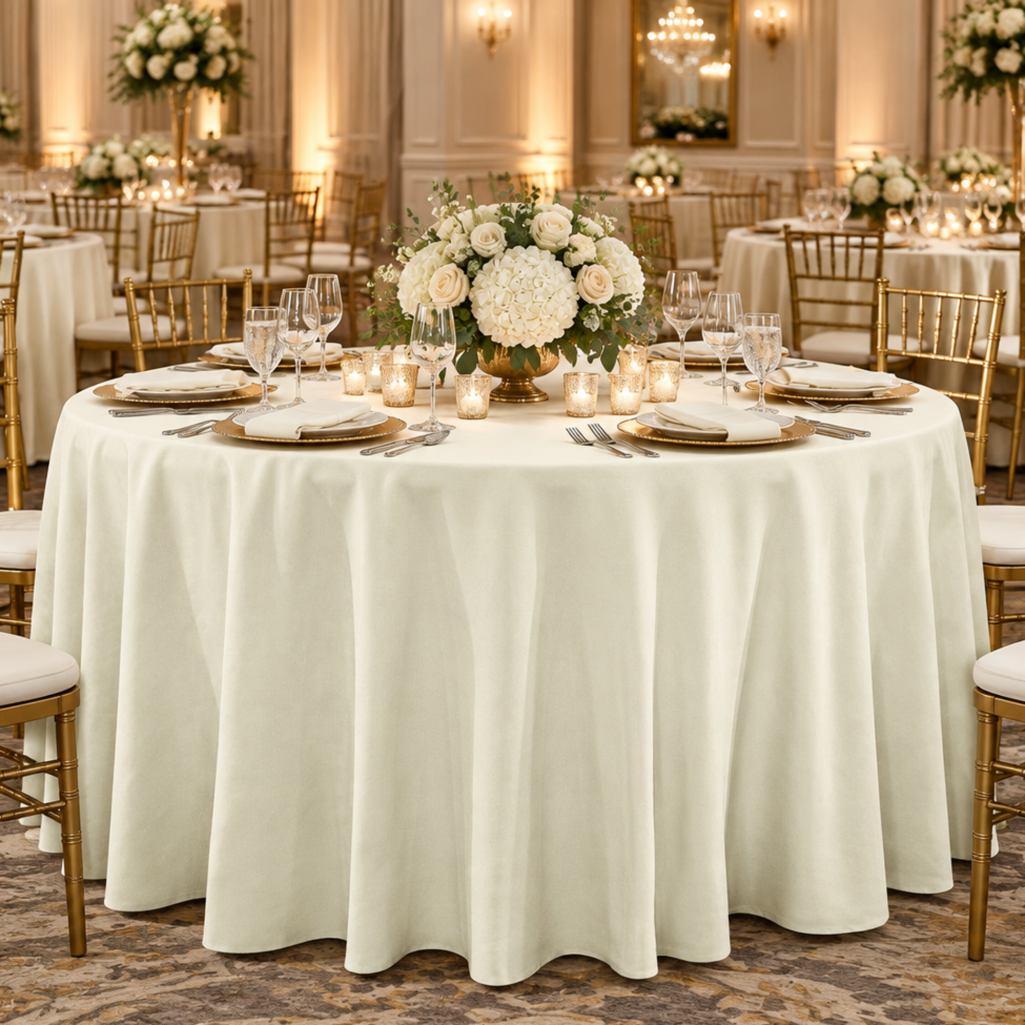 Ivory tablecloth at an indoor ballroom reception
