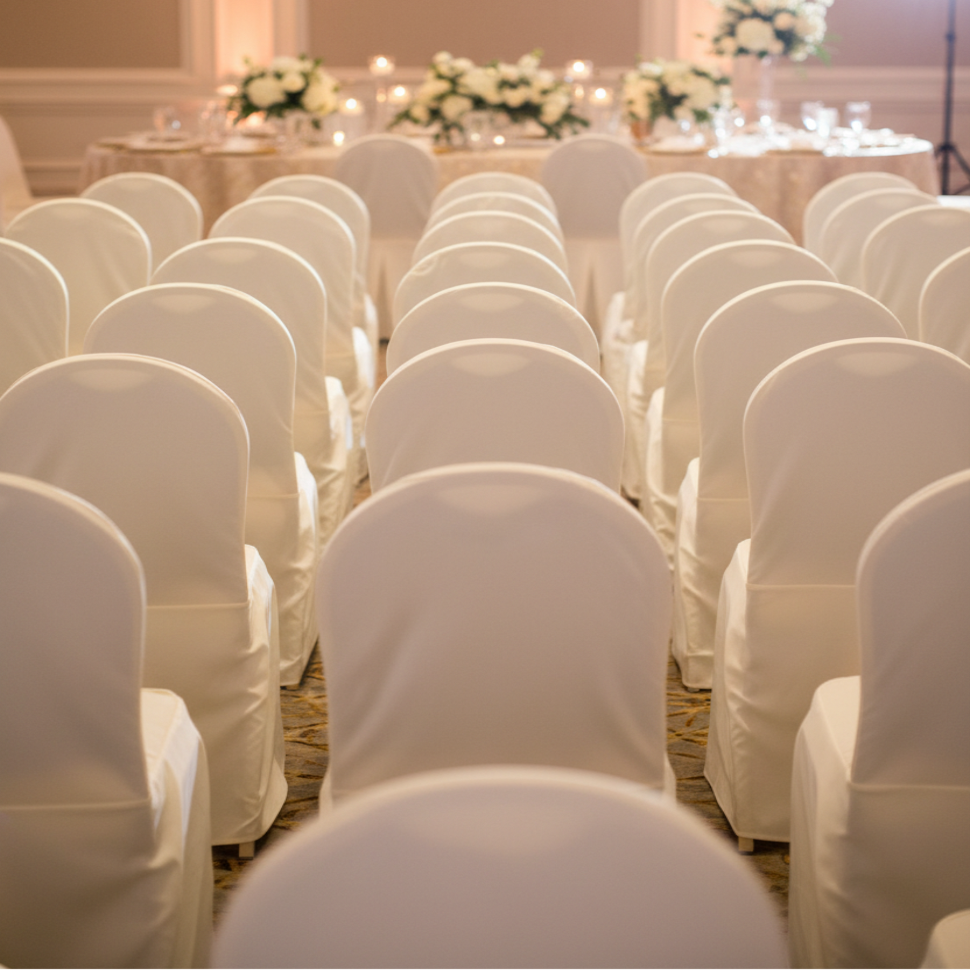 Ivory Satin Chair Covers Event Setting - Multiple Chairs