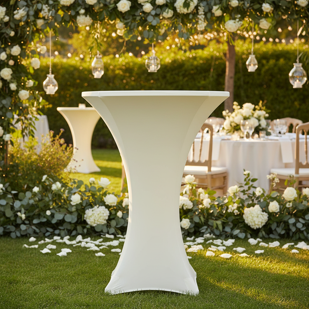 Spandex Cocktail Table Cover 30" Round - Ivory in Outdoor Reception.