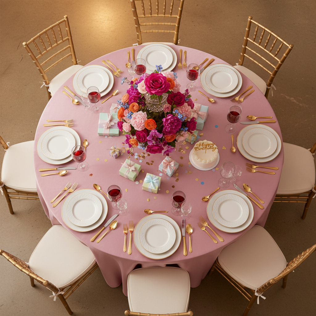 Lamour Satin 120" Round Tablecloth - Dusty Rose/Mauve with Chiavari Gold Chairs in Bird's Eye View Point.
