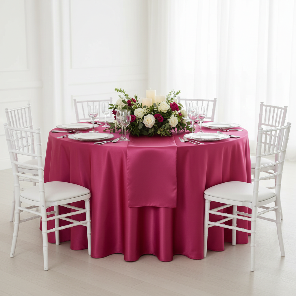 Lamour Satin 120" Round Tablecloth - Fuchsia.