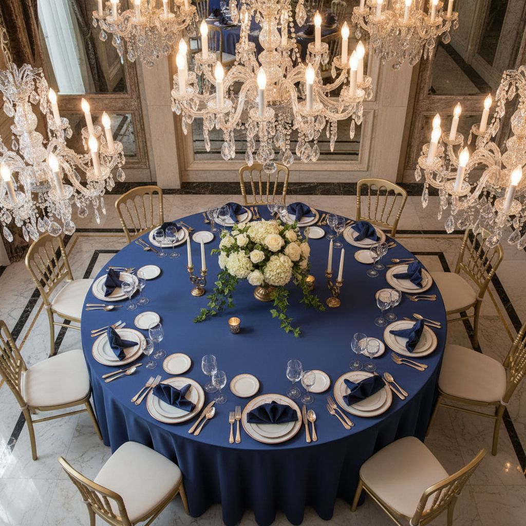 Lamour Satin 120" Round Tablecloth - Navy Blue in Bird's Eye View Point.