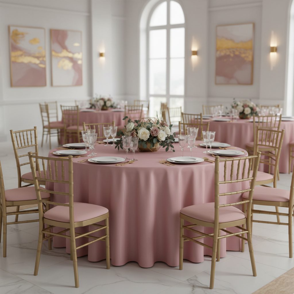 Lamour Satin 132" Round Tablecloth - Dusty Rose/Mauve with Chiavari Chairs.