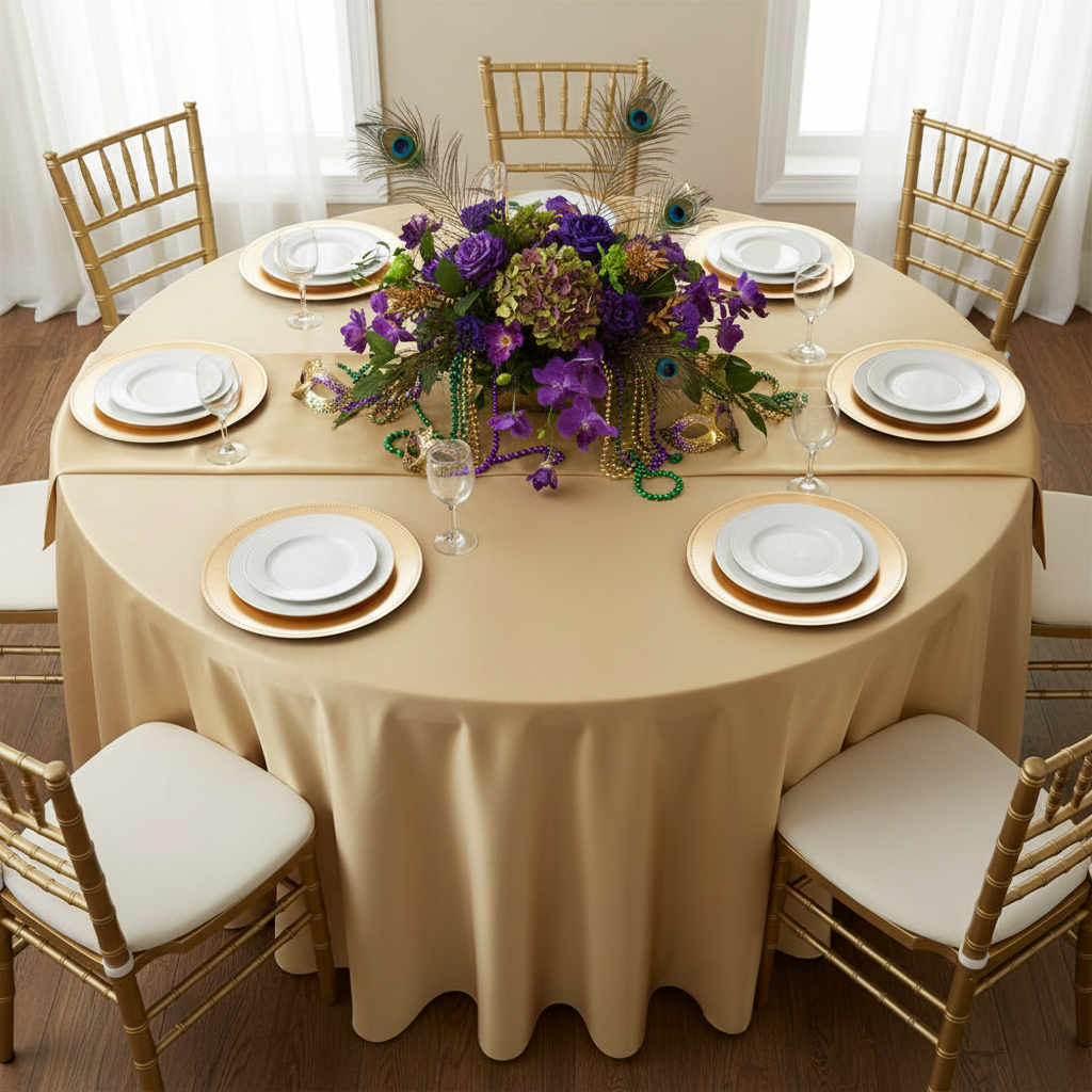 Lamour Satin 132" Round Tablecloth - Gold Antique.
