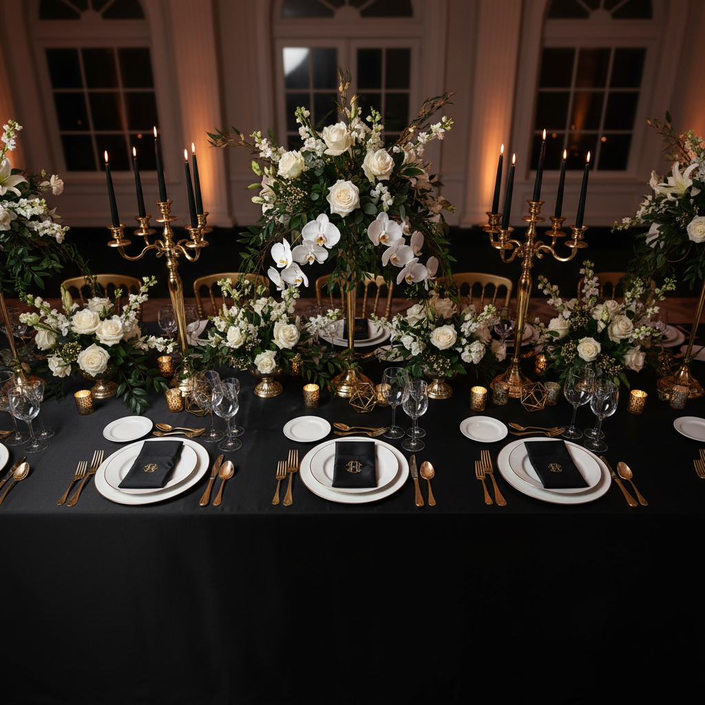 Lamour Satin 90"x156" Rectangular Oblong Tablecloth - Black in Luxurious Reception.
