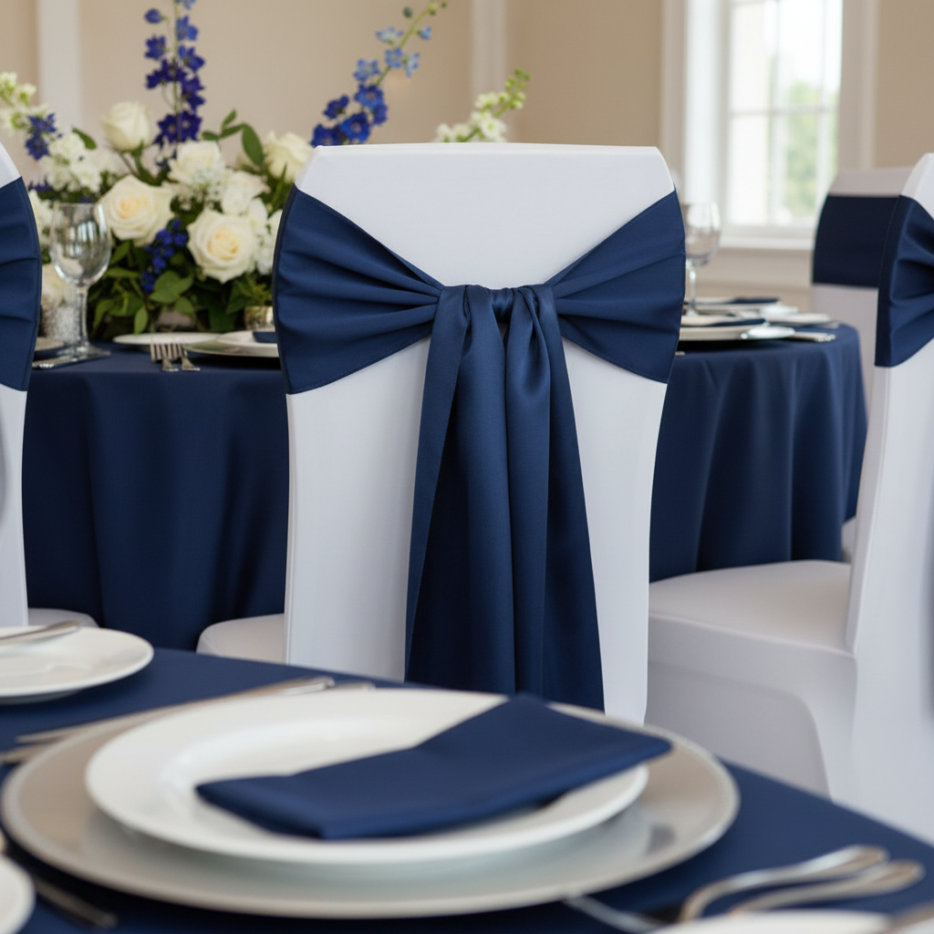 Lamour Satin Chair Sash - Navy Blue.