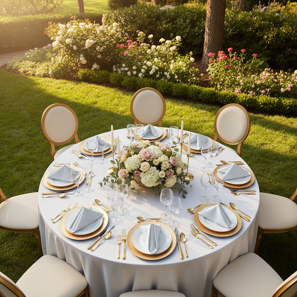 Lamour Satin Napkin 20"x20" - Dusty Blue in Outdoor Reception.