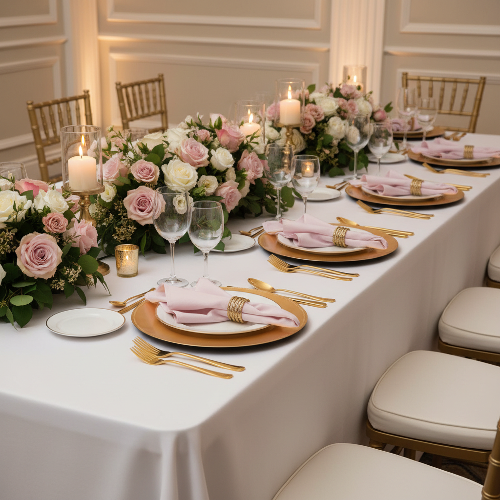 Lamour Satin Napkin 20"x20" - Pastel Pink with Chiavari Gold Chairs.