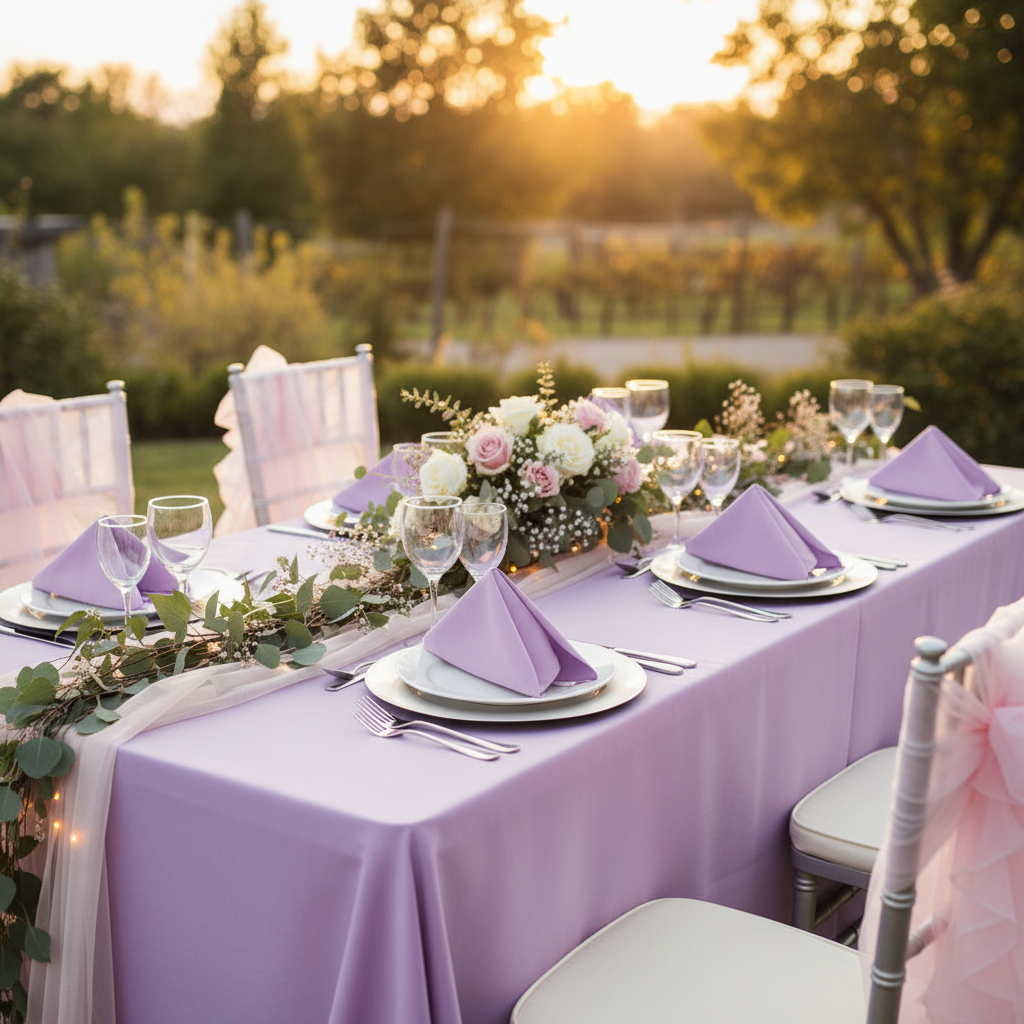 Lamour Satin Napkin 20"x20" - Victorian Lilac/Wisteria in Outdoor Reception.
