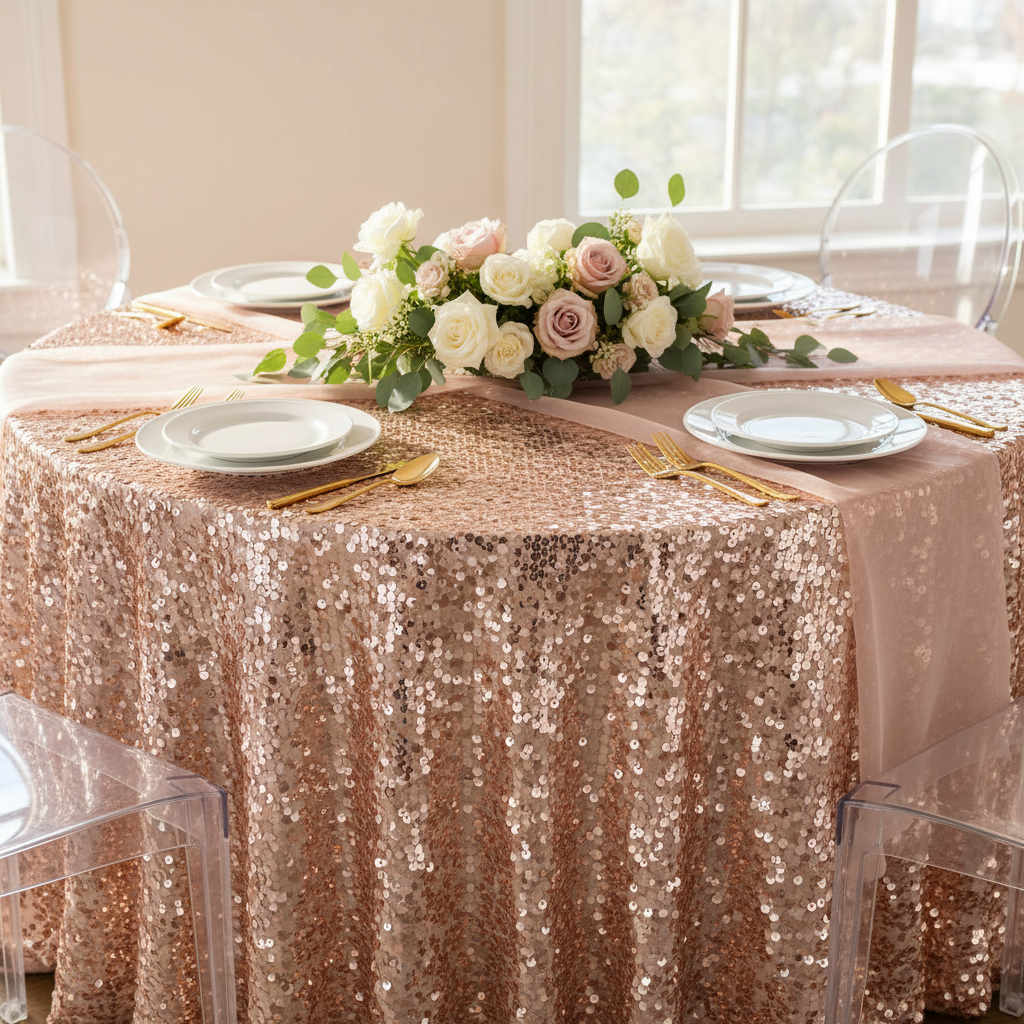 Large Payette Sequin 132" Round Tablecloth - Blush/Rose Gold.